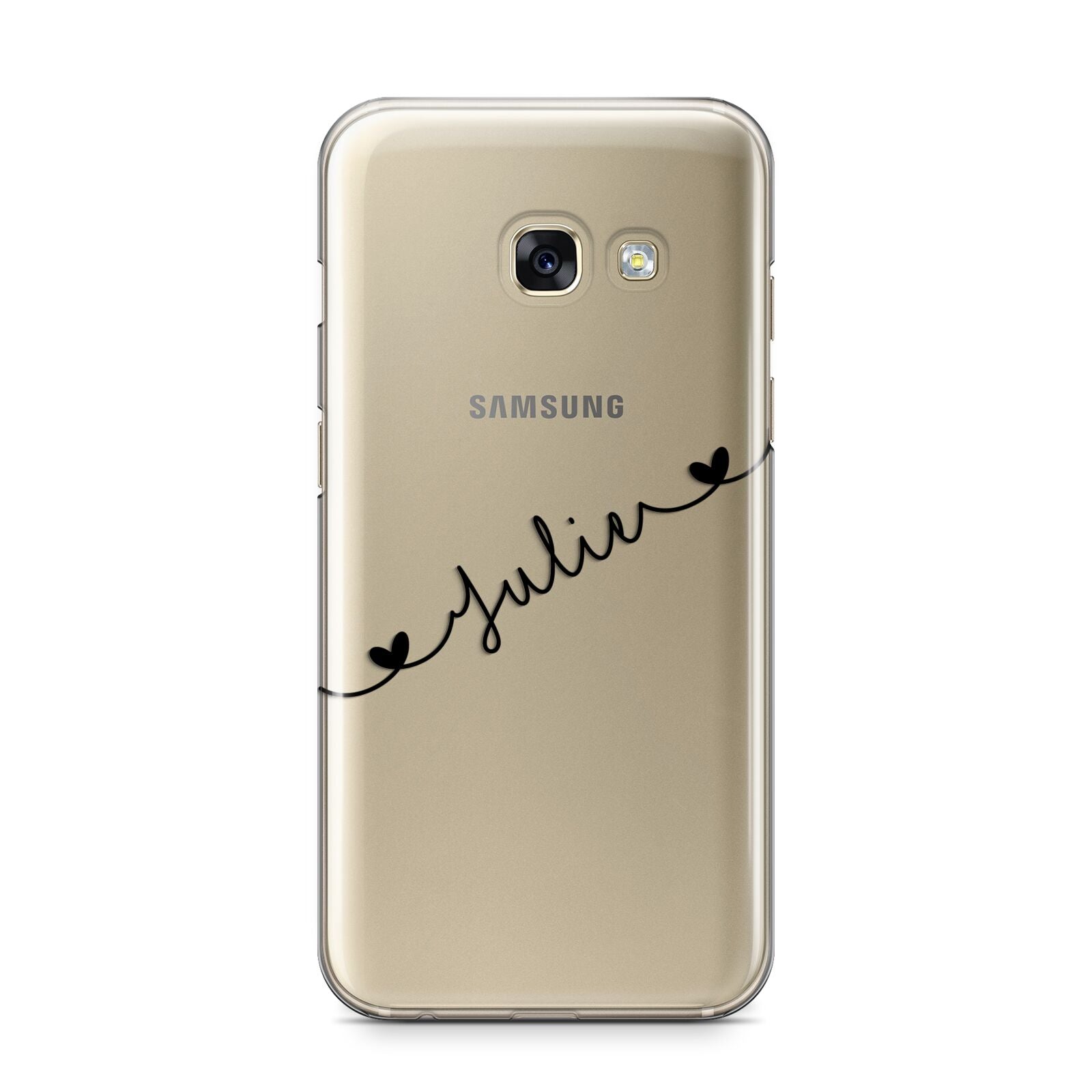 Black Sloped Handwritten Name Samsung Galaxy A3 2017 Case on gold phone