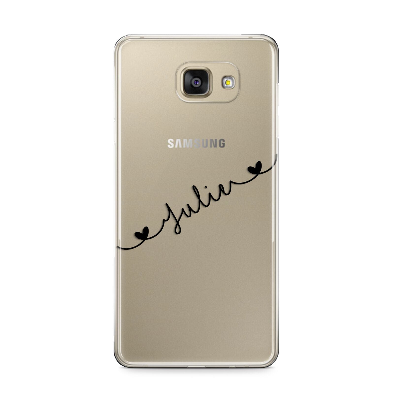 Black Sloped Handwritten Name Samsung Galaxy A9 2016 Case on gold phone