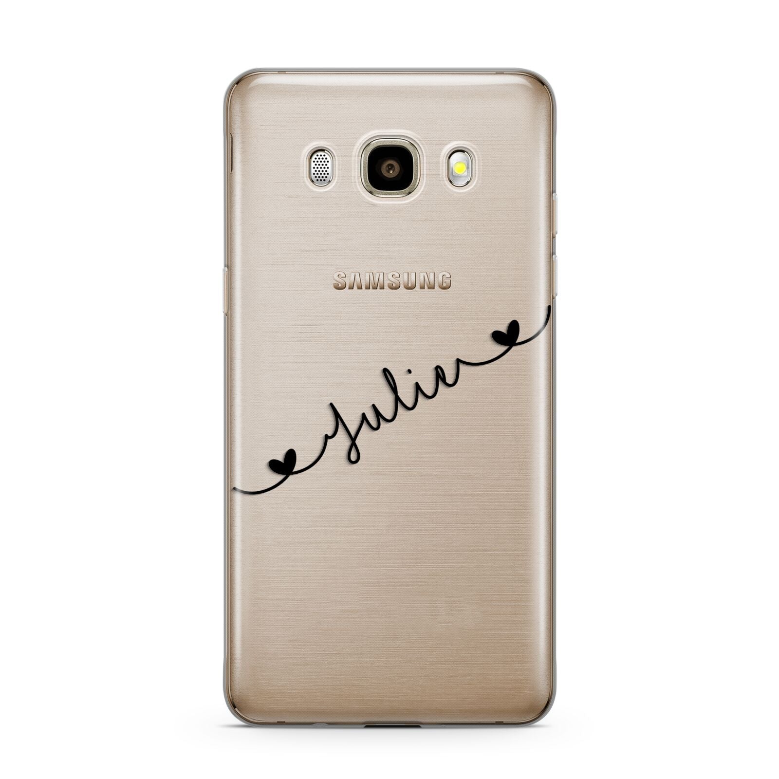 Black Sloped Handwritten Name Samsung Galaxy J7 2016 Case on gold phone