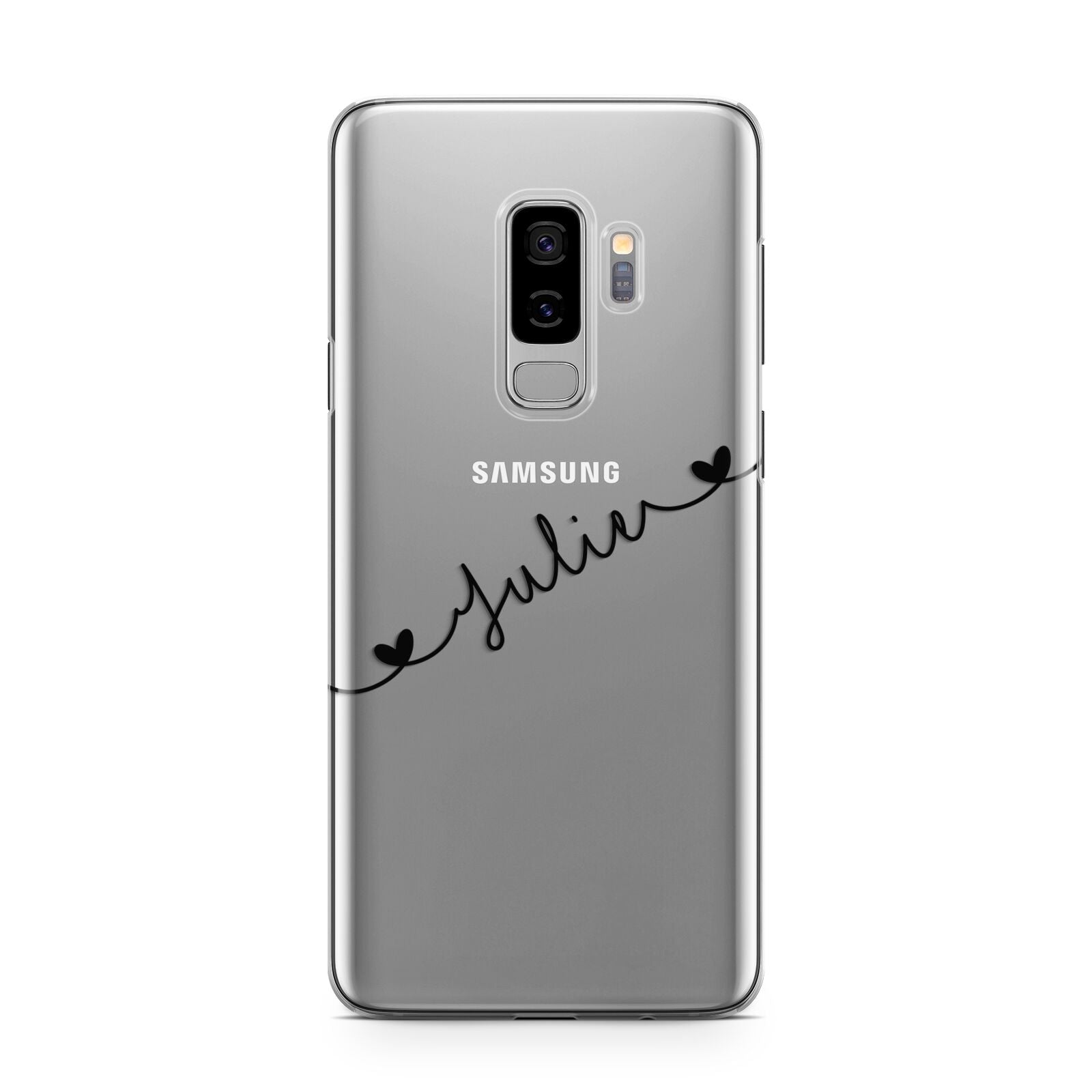 Black Sloped Handwritten Name Samsung Galaxy S9 Plus Case on Silver phone