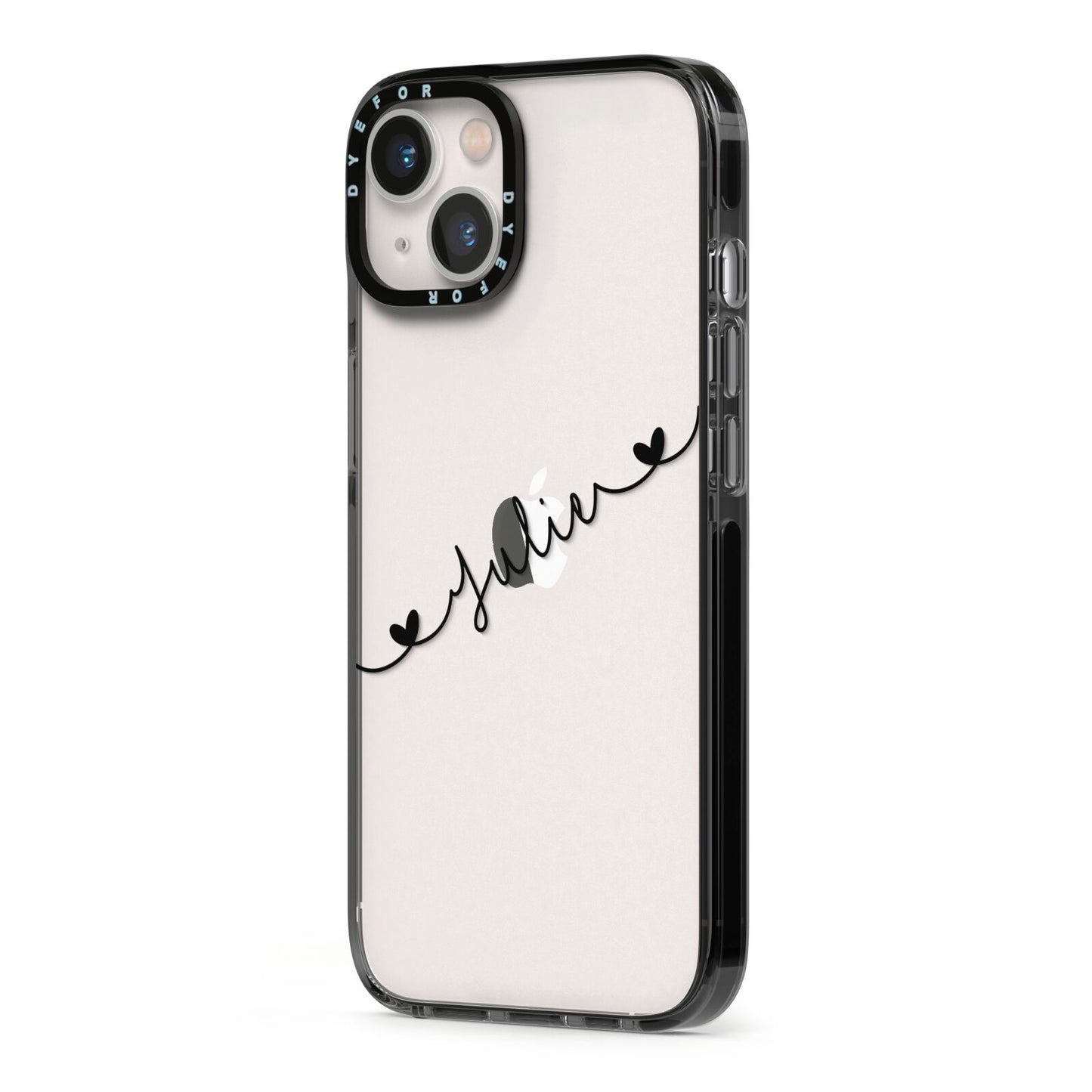 Black Sloped Handwritten Name iPhone 13 Black Impact Case Side Angle on Silver phone