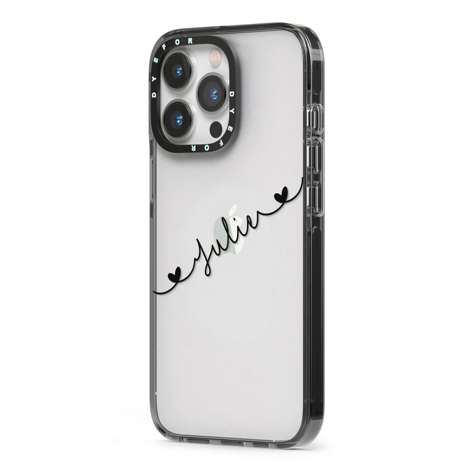 Black Sloped Handwritten Name iPhone 13 Pro Black Impact Case Side Angle on Silver phone