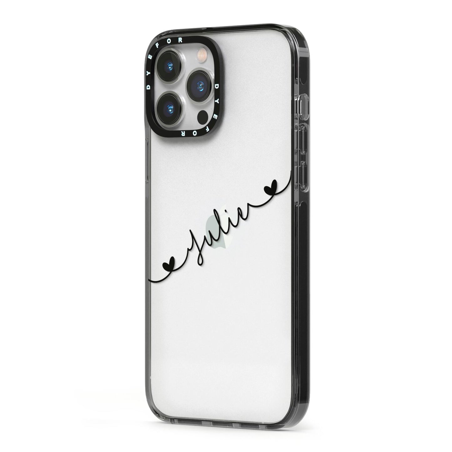 Black Sloped Handwritten Name iPhone 13 Pro Max Black Impact Case Side Angle on Silver phone