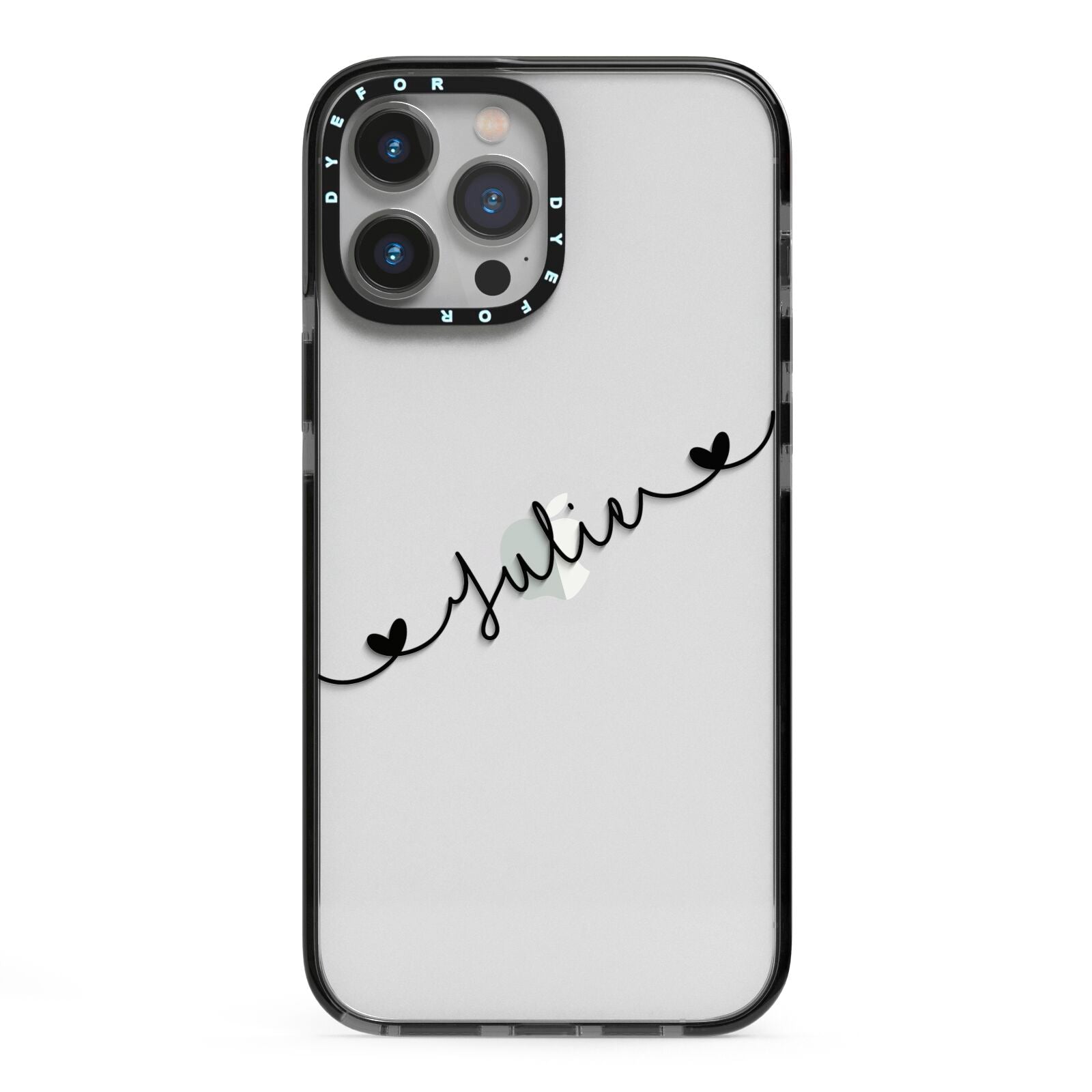 Black Sloped Handwritten Name iPhone 13 Pro Max Black Impact Case on Silver phone