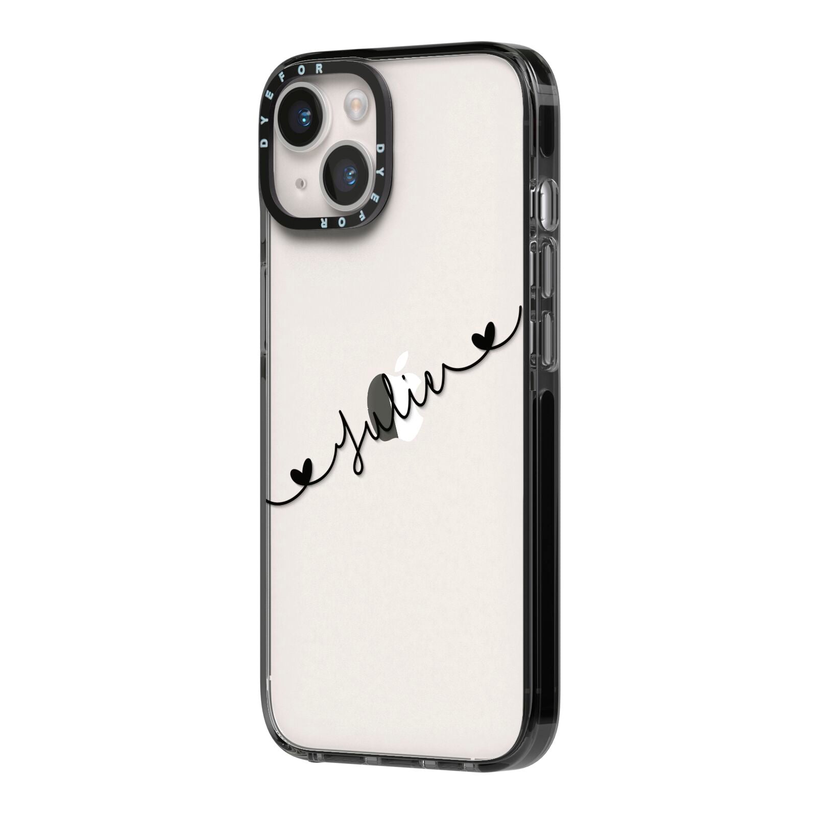 Black Sloped Handwritten Name iPhone 14 Black Impact Case Side Angle on Silver phone