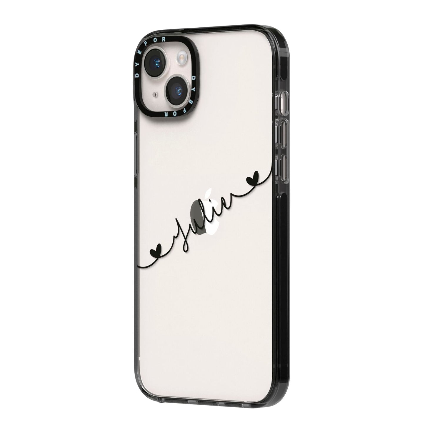 Black Sloped Handwritten Name iPhone 14 Plus Black Impact Case Side Angle on Silver phone