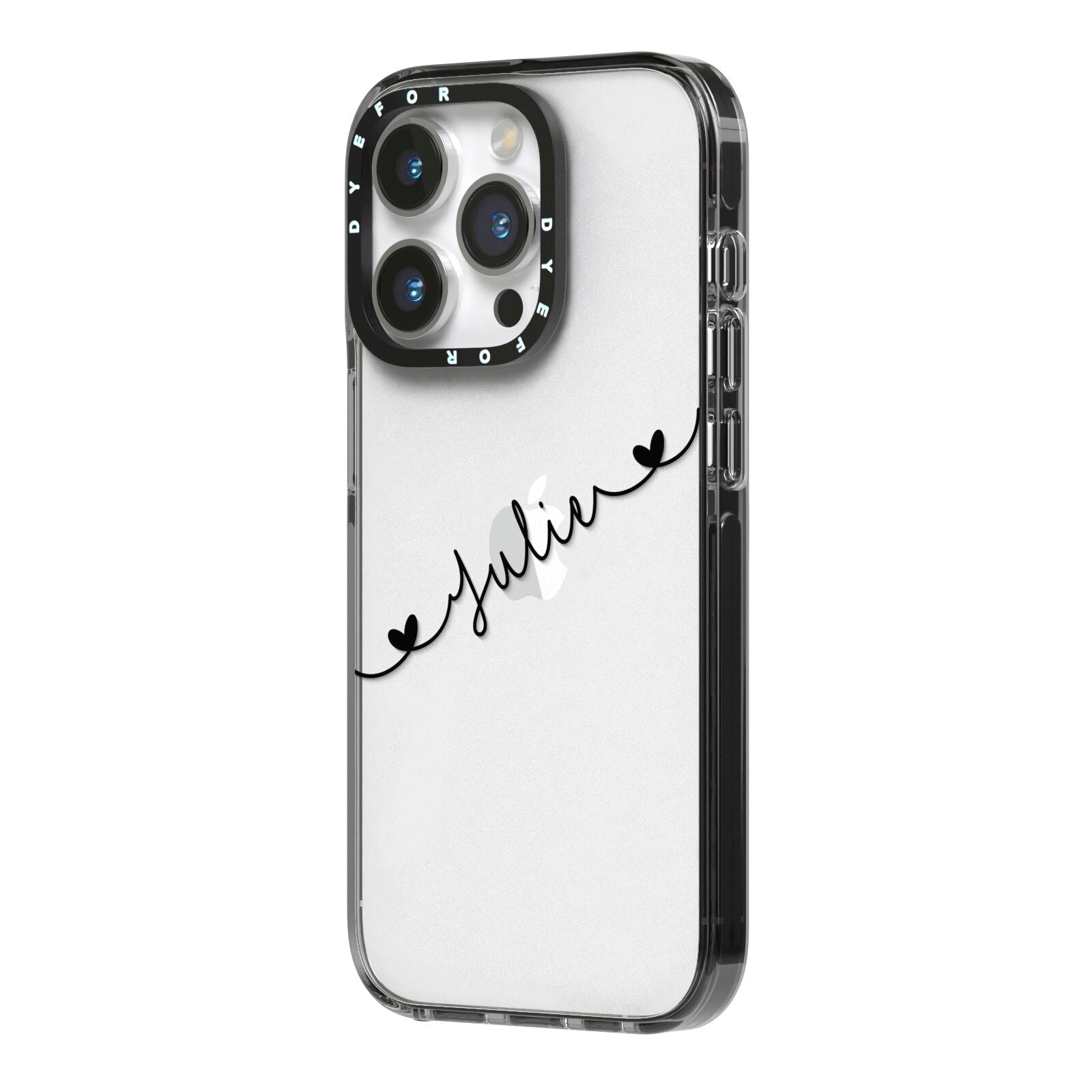 Black Sloped Handwritten Name iPhone 14 Pro Black Impact Case Side Angle on Silver phone