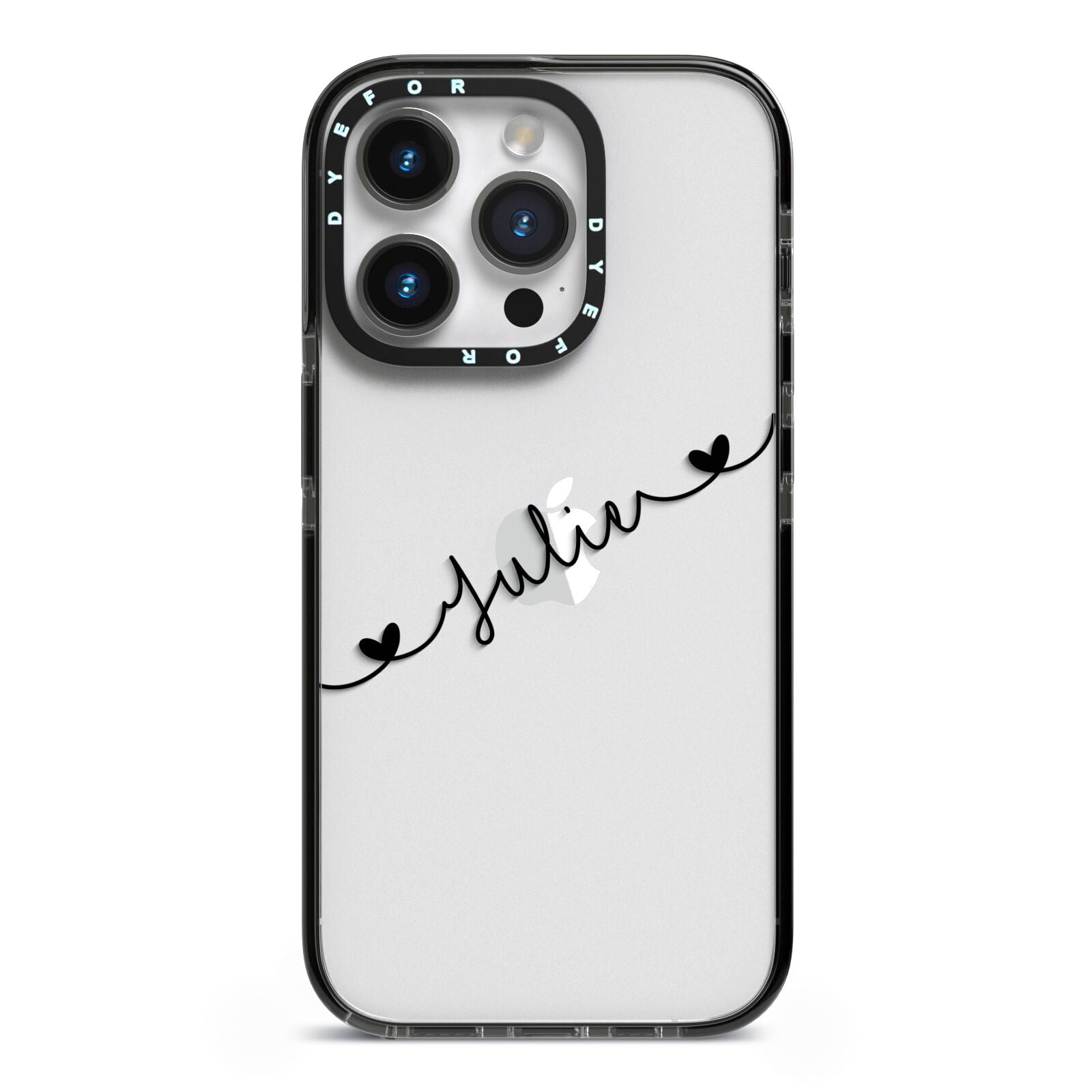 Black Sloped Handwritten Name iPhone 14 Pro Black Impact Case on Silver phone