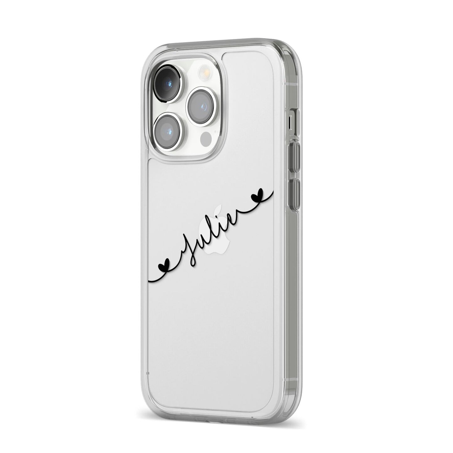 Black Sloped Handwritten Name iPhone 14 Pro Clear Tough Case Silver Angled Image