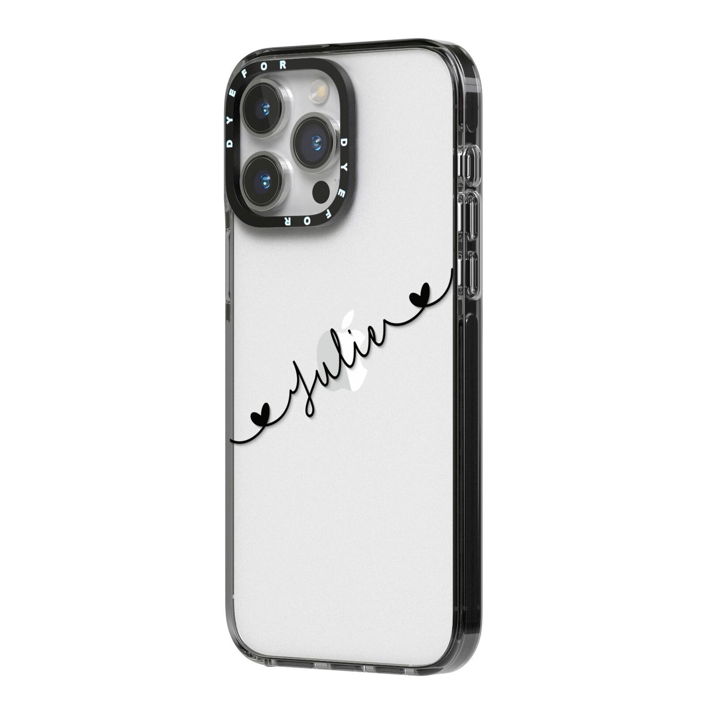 Black Sloped Handwritten Name iPhone 14 Pro Max Black Impact Case Side Angle on Silver phone