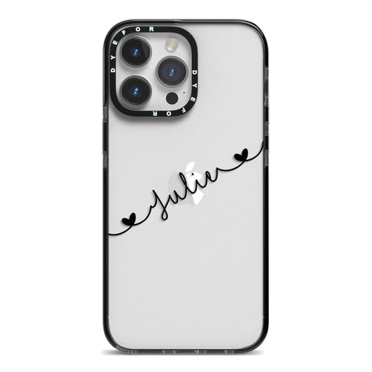 Black Sloped Handwritten Name iPhone 14 Pro Max Black Impact Case on Silver phone