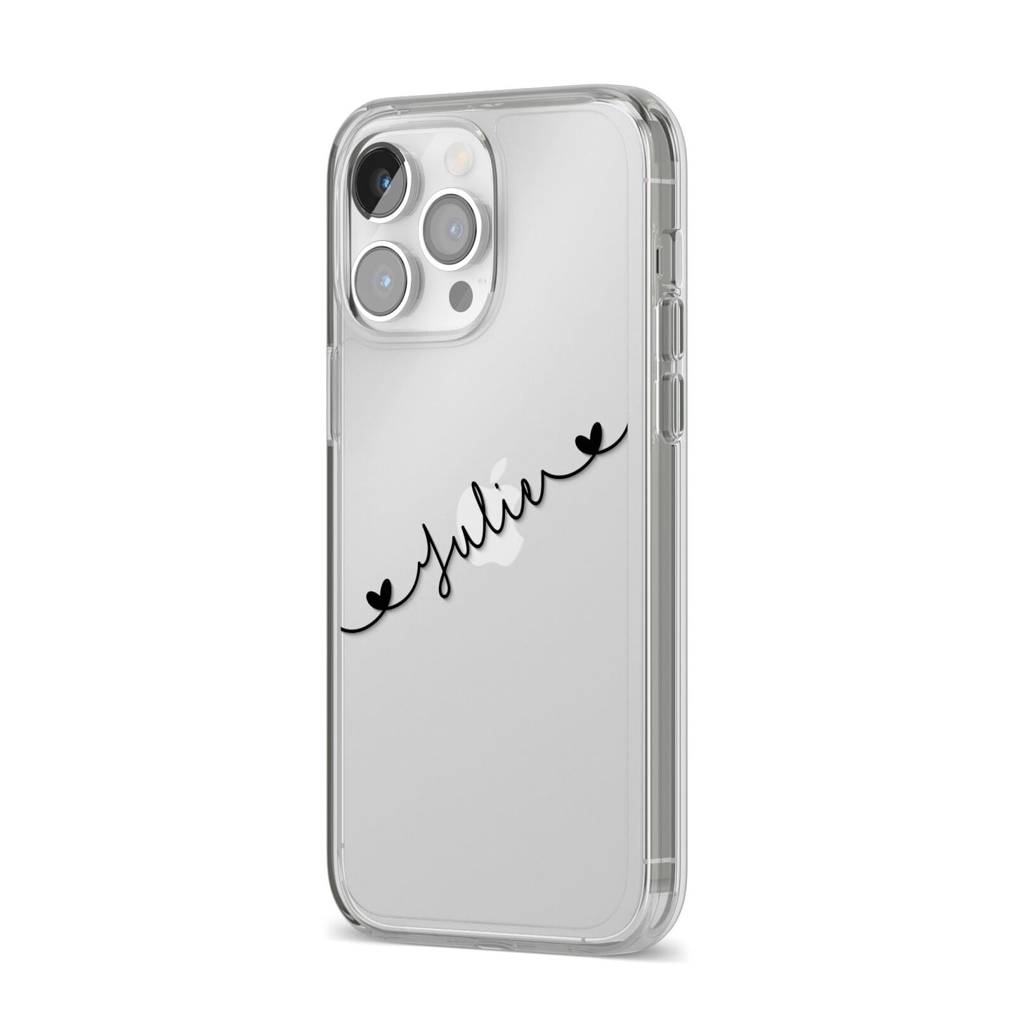 Black Sloped Handwritten Name iPhone 14 Pro Max Clear Tough Case Silver Angled Image