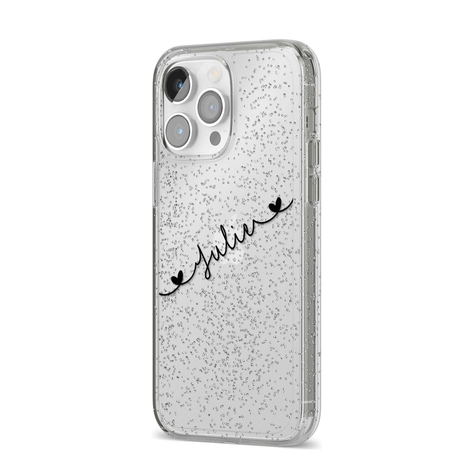 Black Sloped Handwritten Name iPhone 14 Pro Max Glitter Tough Case Silver Angled Image