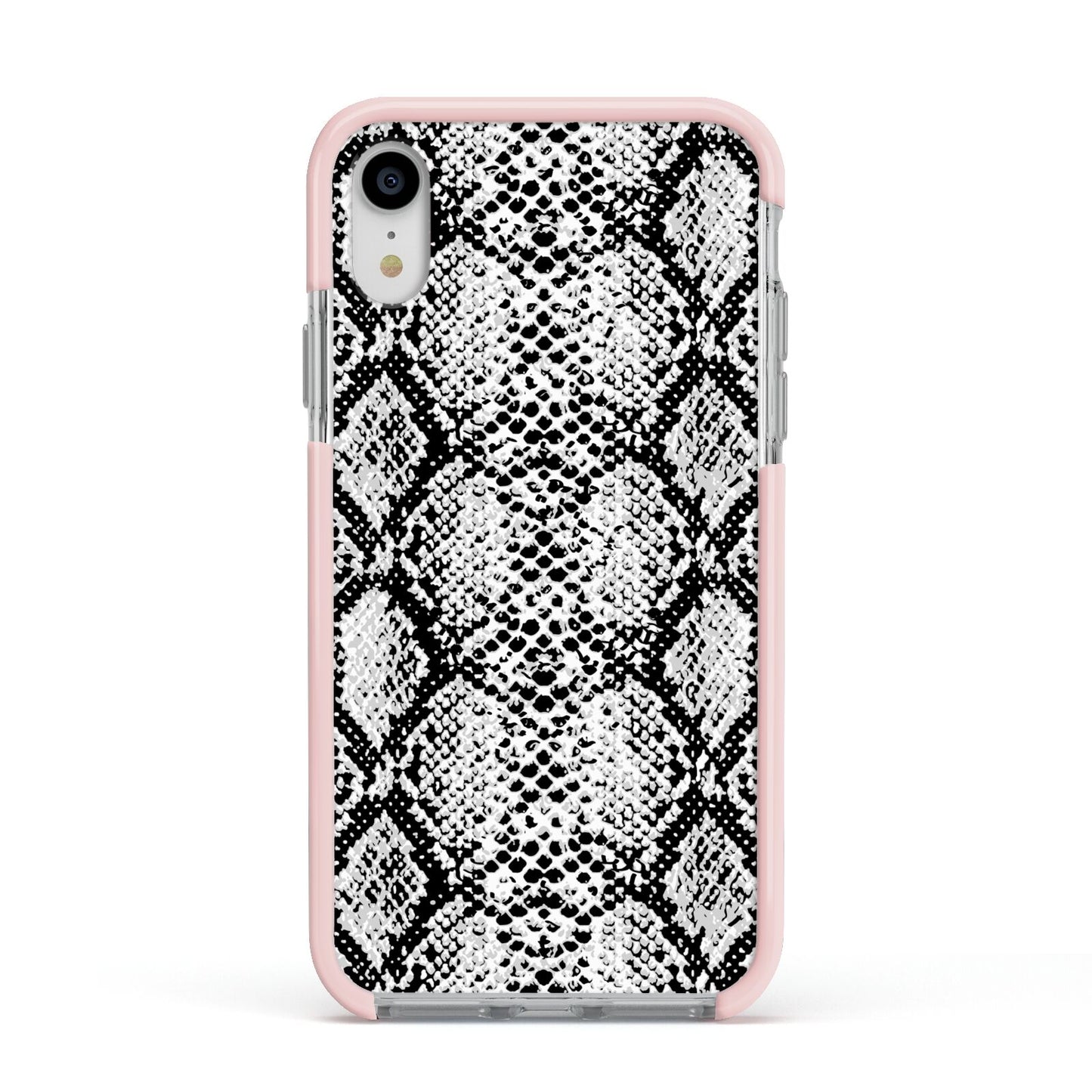 Black Snakeskin Apple iPhone XR Impact Case Pink Edge on Silver Phone