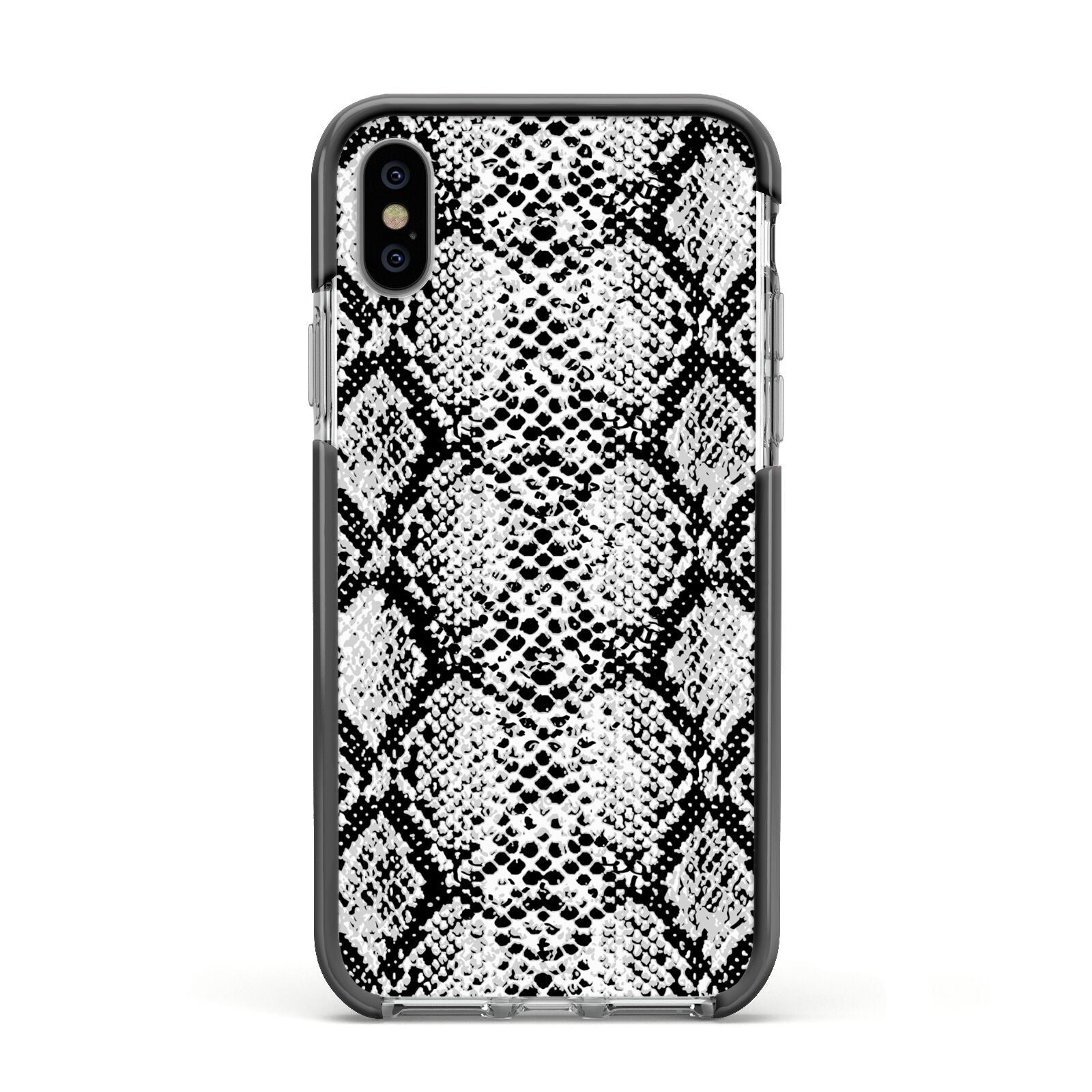 Black Snakeskin Apple iPhone Xs Impact Case Black Edge on Silver Phone