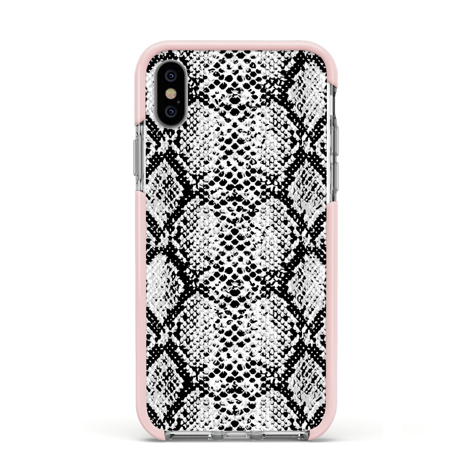 Black Snakeskin Apple iPhone Xs Impact Case Pink Edge on Silver Phone