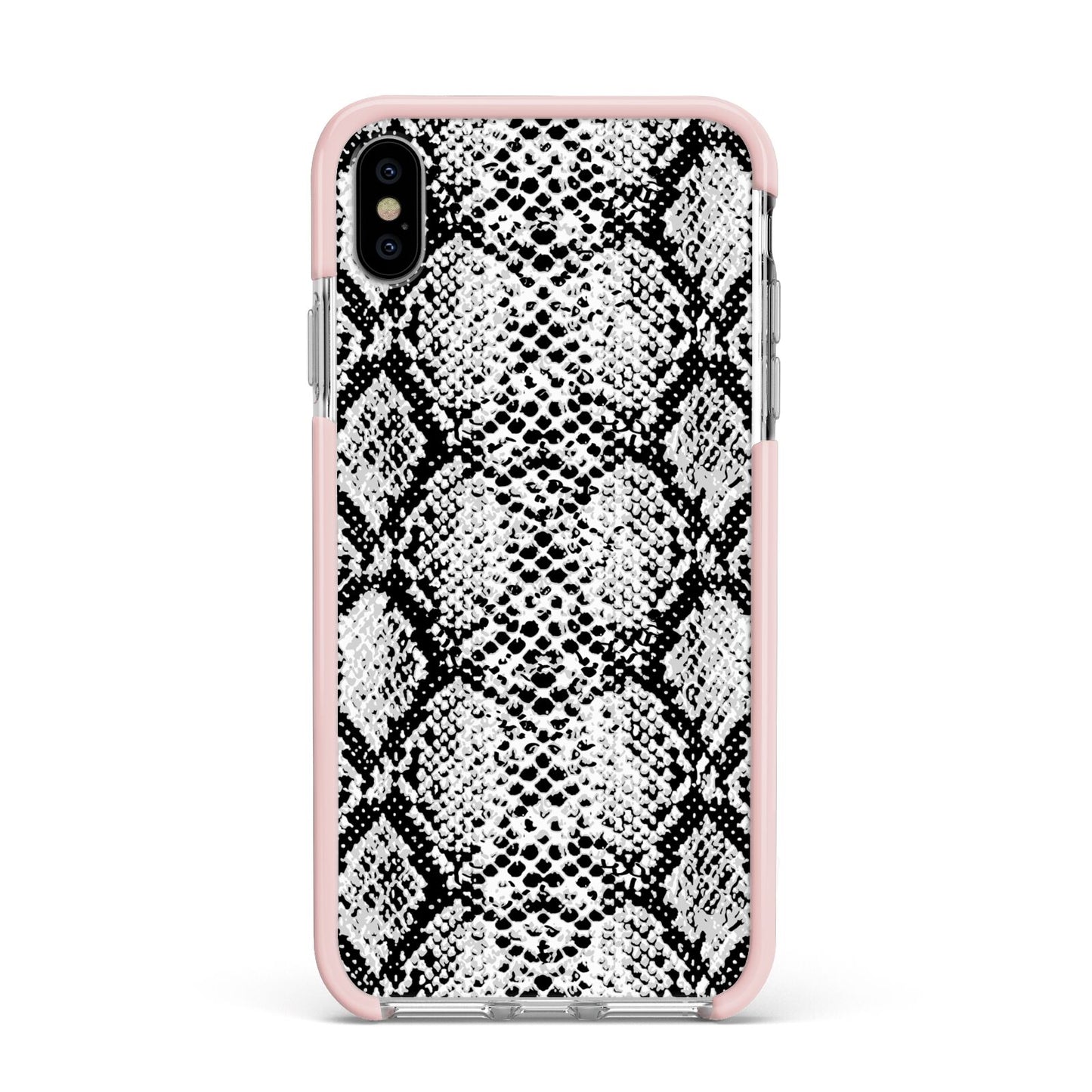 Black Snakeskin Apple iPhone Xs Max Impact Case Pink Edge on Silver Phone