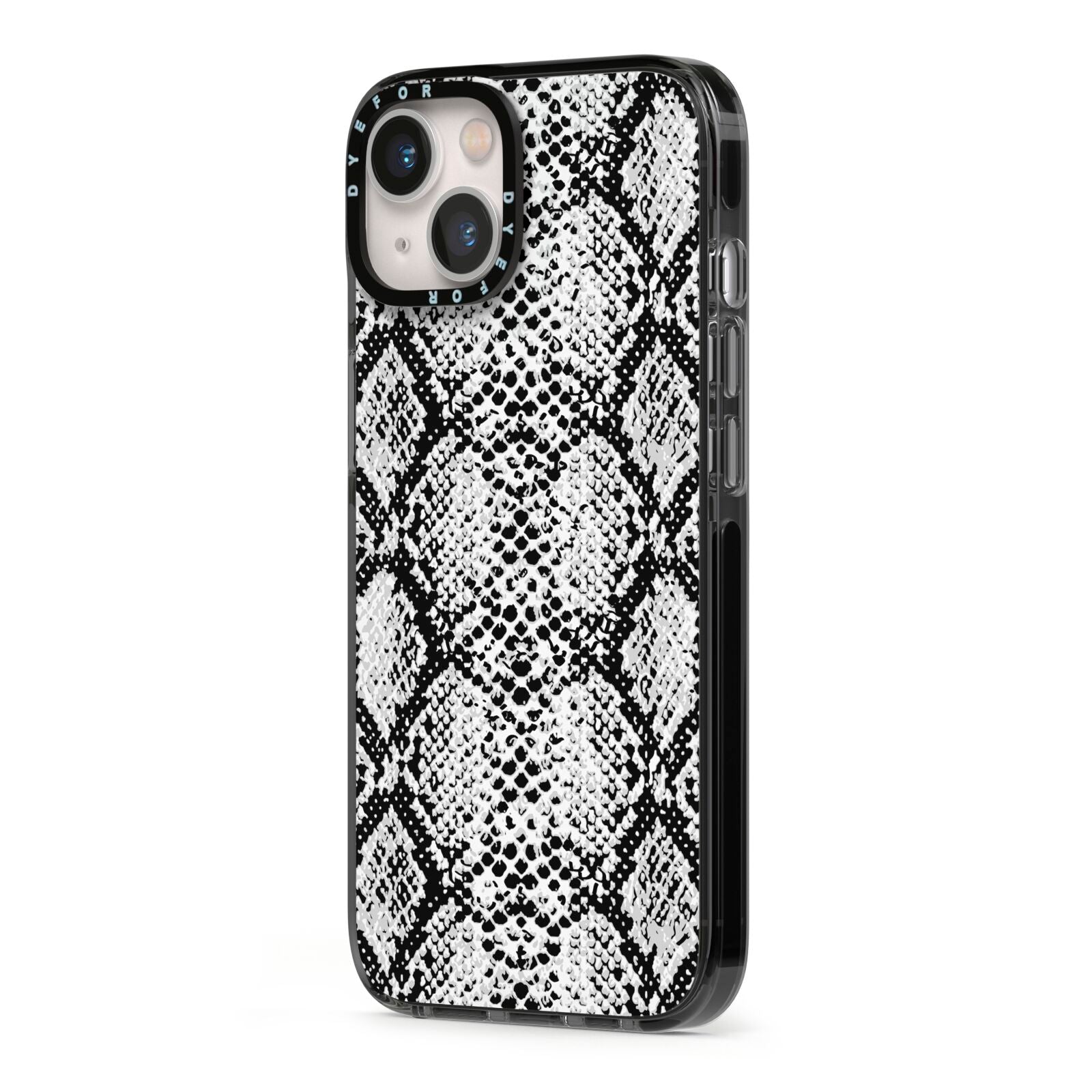 Black Snakeskin iPhone 13 Black Impact Case Side Angle on Silver phone