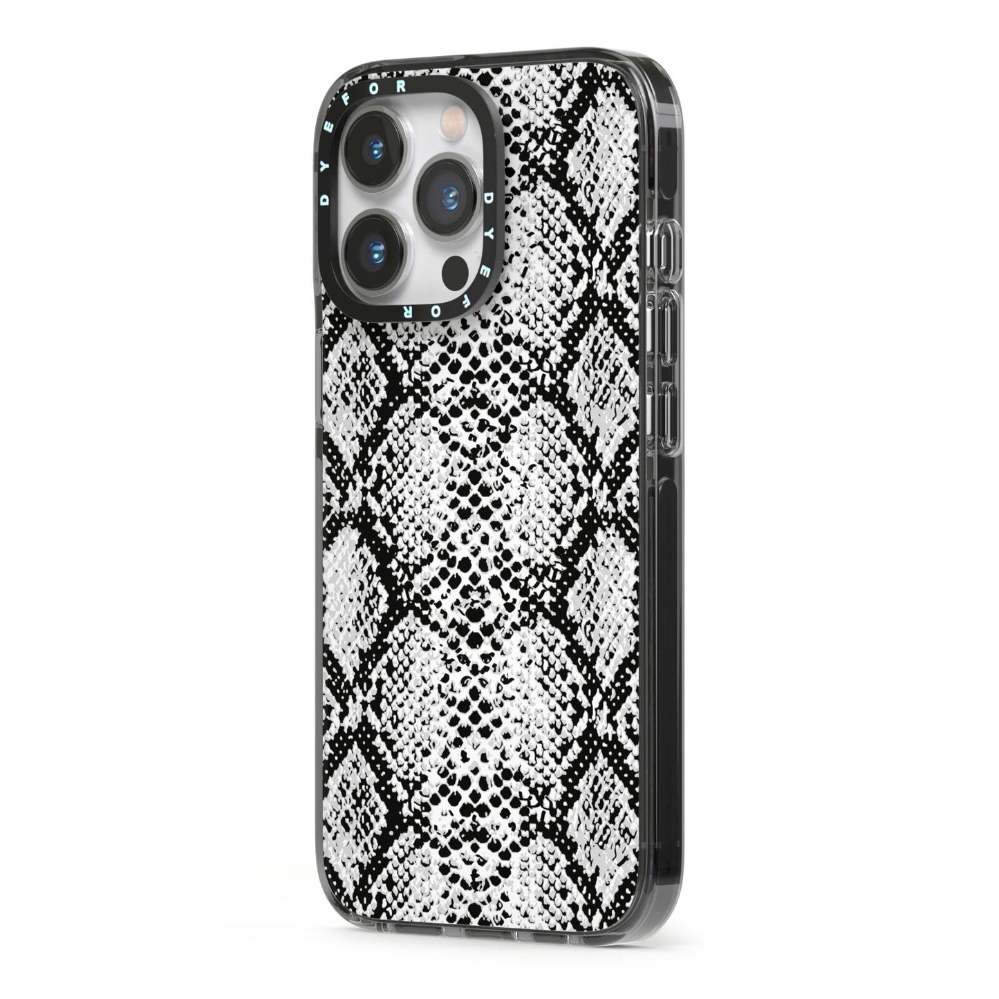 Black Snakeskin iPhone 13 Pro Black Impact Case Side Angle on Silver phone