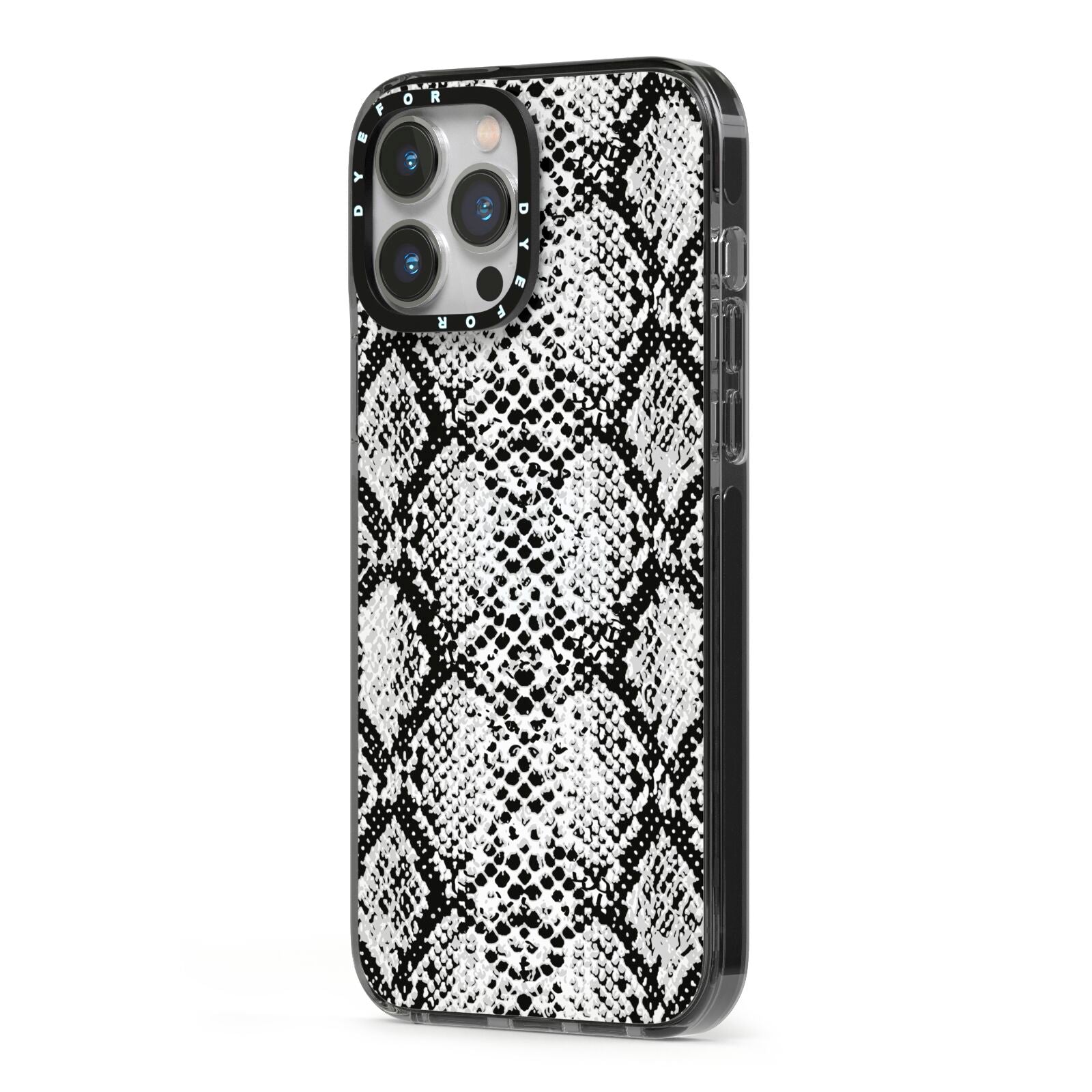 Black Snakeskin iPhone 13 Pro Max Black Impact Case Side Angle on Silver phone