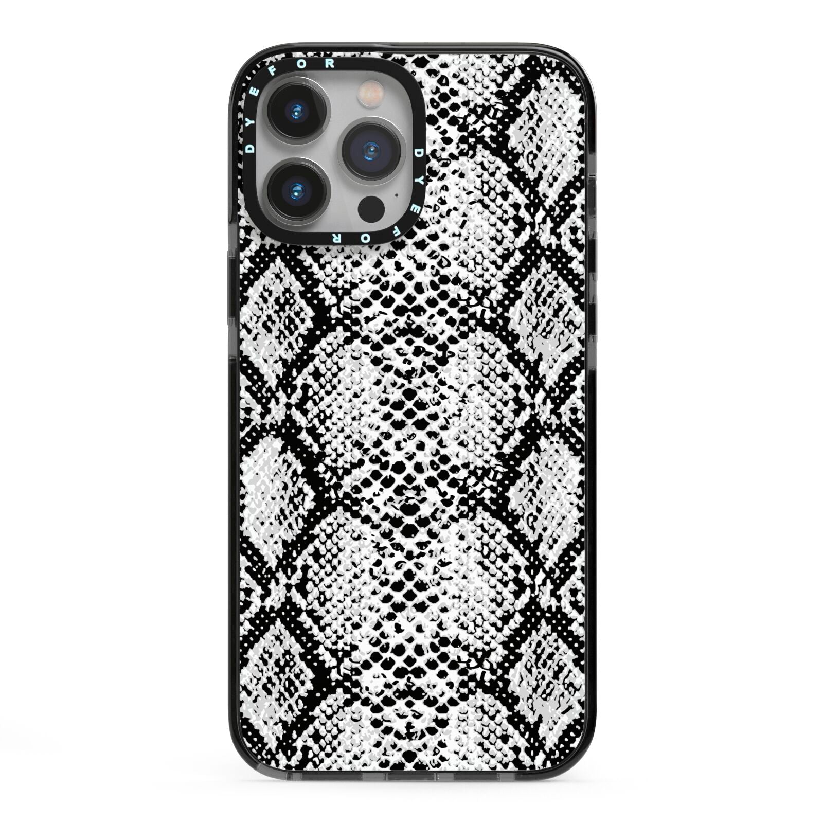 Black Snakeskin iPhone 13 Pro Max Black Impact Case on Silver phone