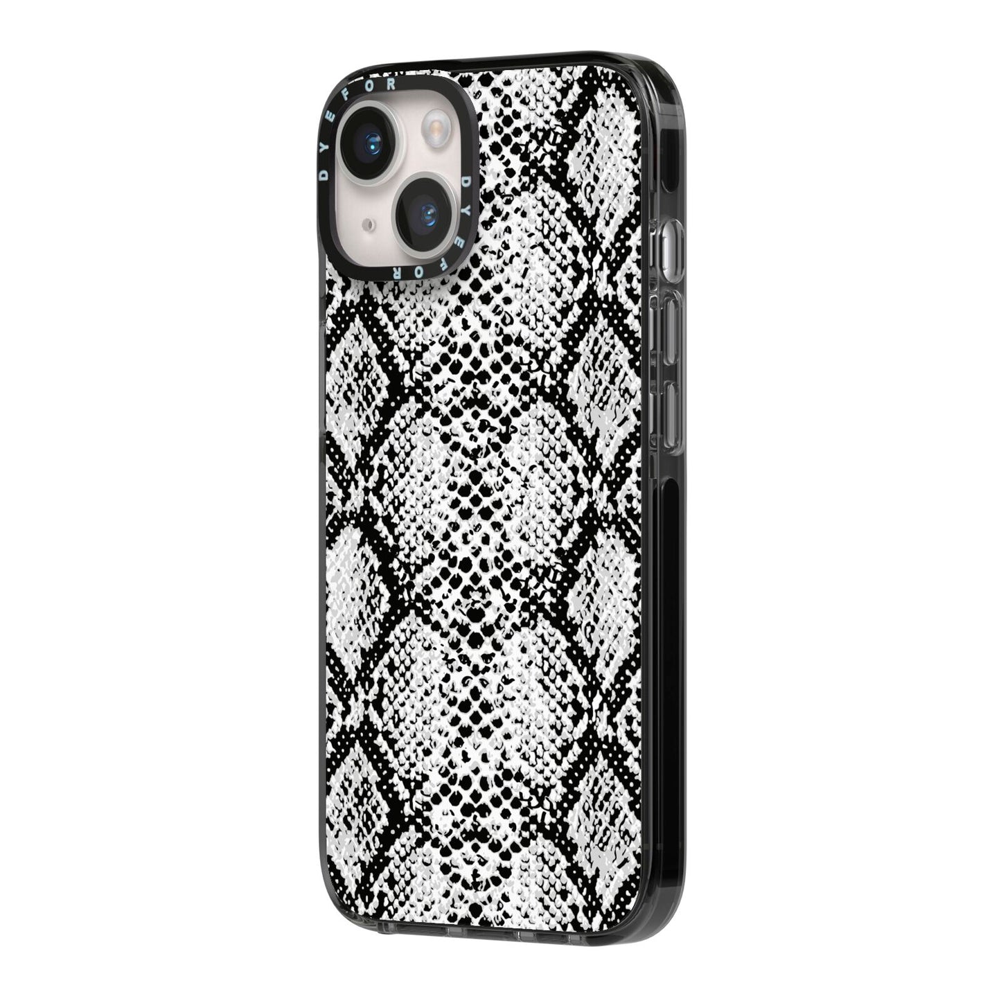 Black Snakeskin iPhone 14 Black Impact Case Side Angle on Silver phone