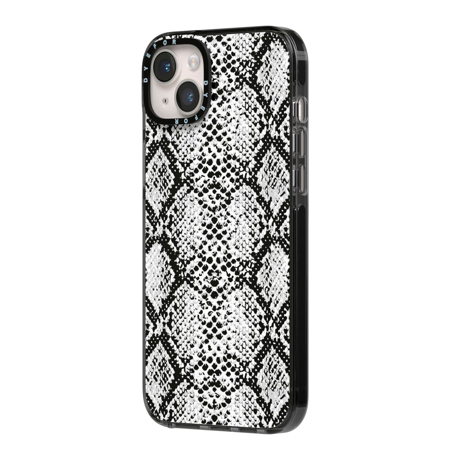 Black Snakeskin iPhone 14 Plus Black Impact Case Side Angle on Silver phone