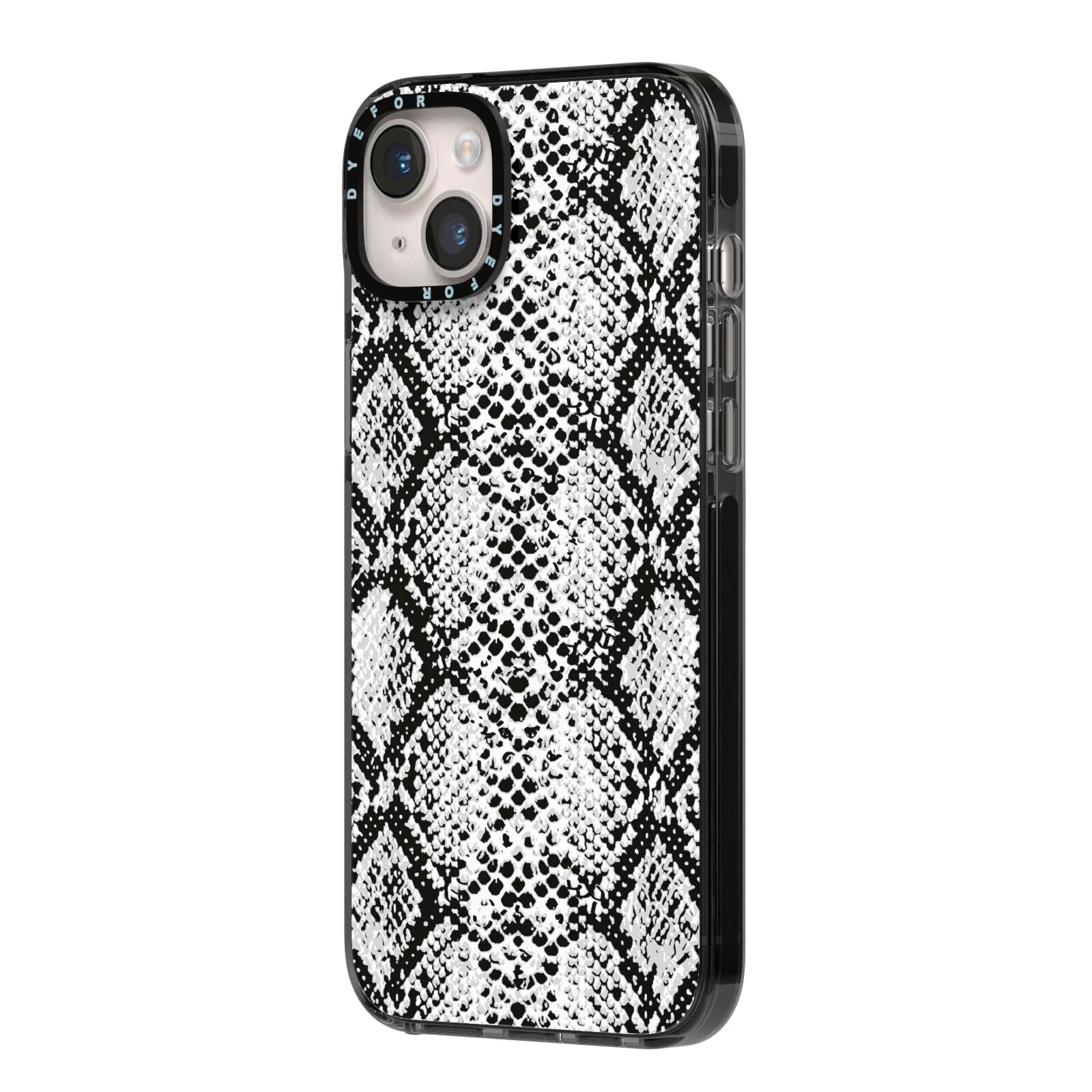 Black Snakeskin iPhone 14 Plus Black Impact Case Side Angle on Silver phone