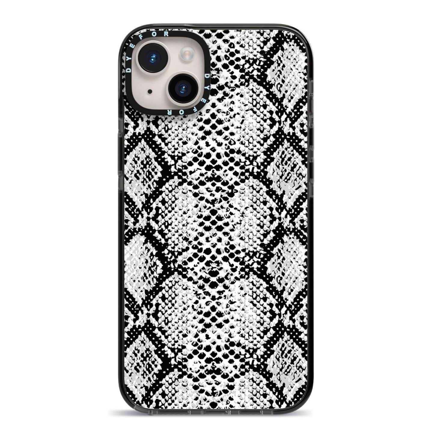 Black Snakeskin iPhone 14 Plus Black Impact Case on Silver phone