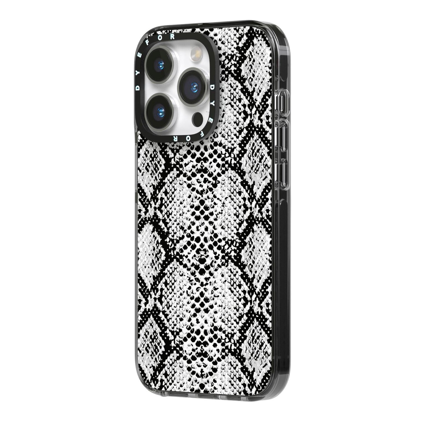 Black Snakeskin iPhone 14 Pro Black Impact Case Side Angle on Silver phone