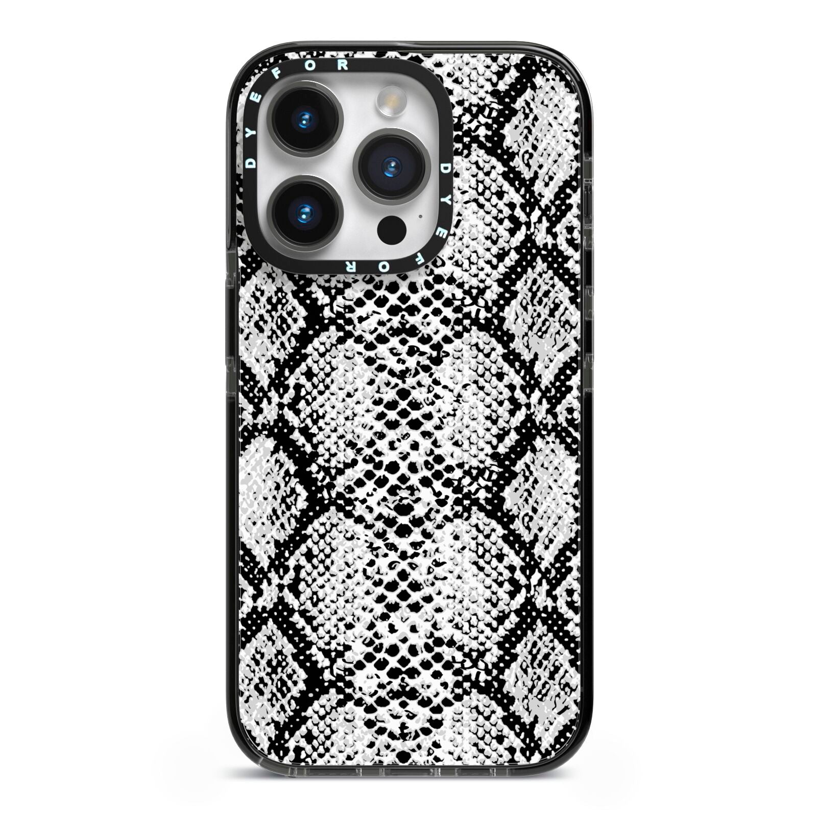 Black Snakeskin iPhone 14 Pro Black Impact Case on Silver phone