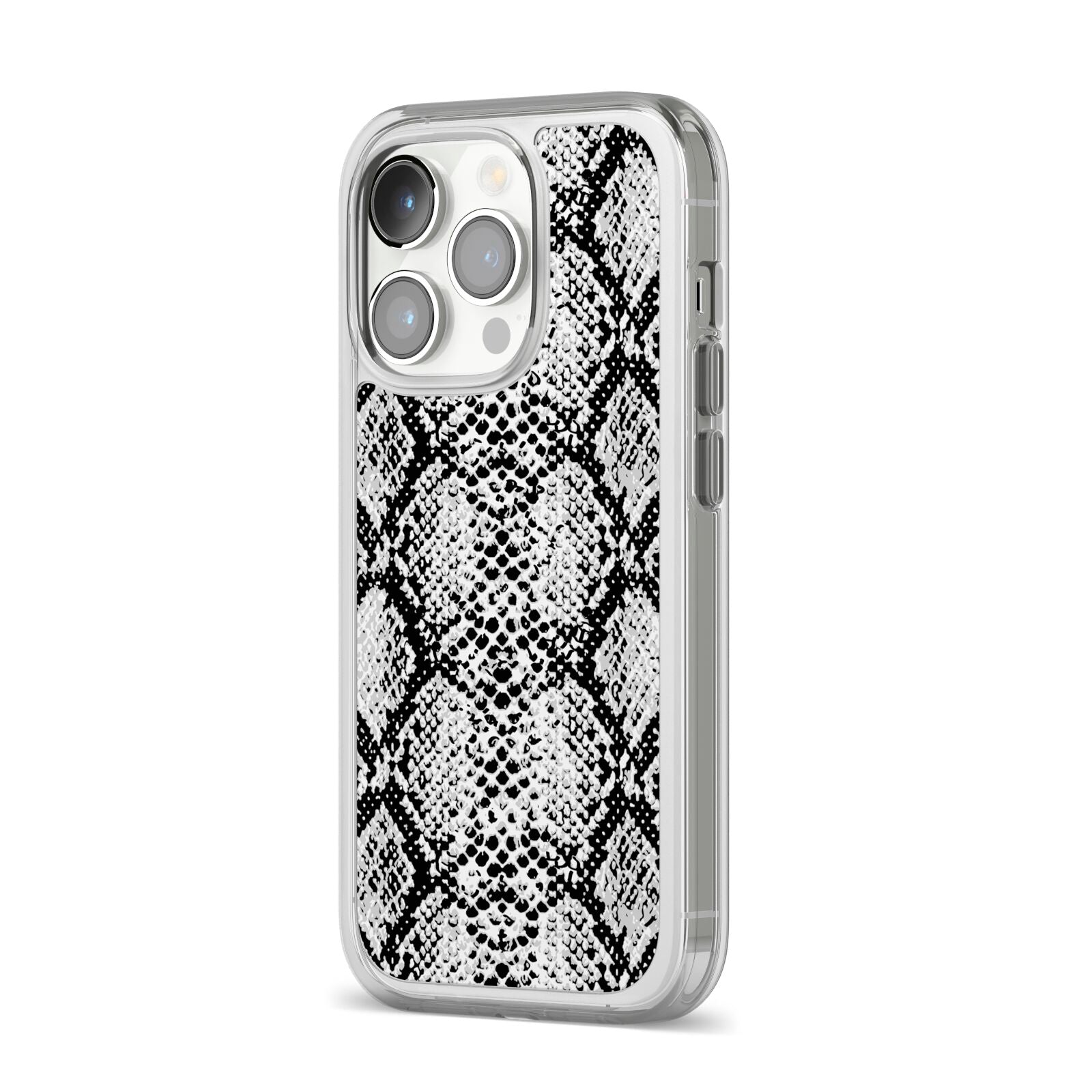 Black Snakeskin iPhone 14 Pro Clear Tough Case Silver Angled Image