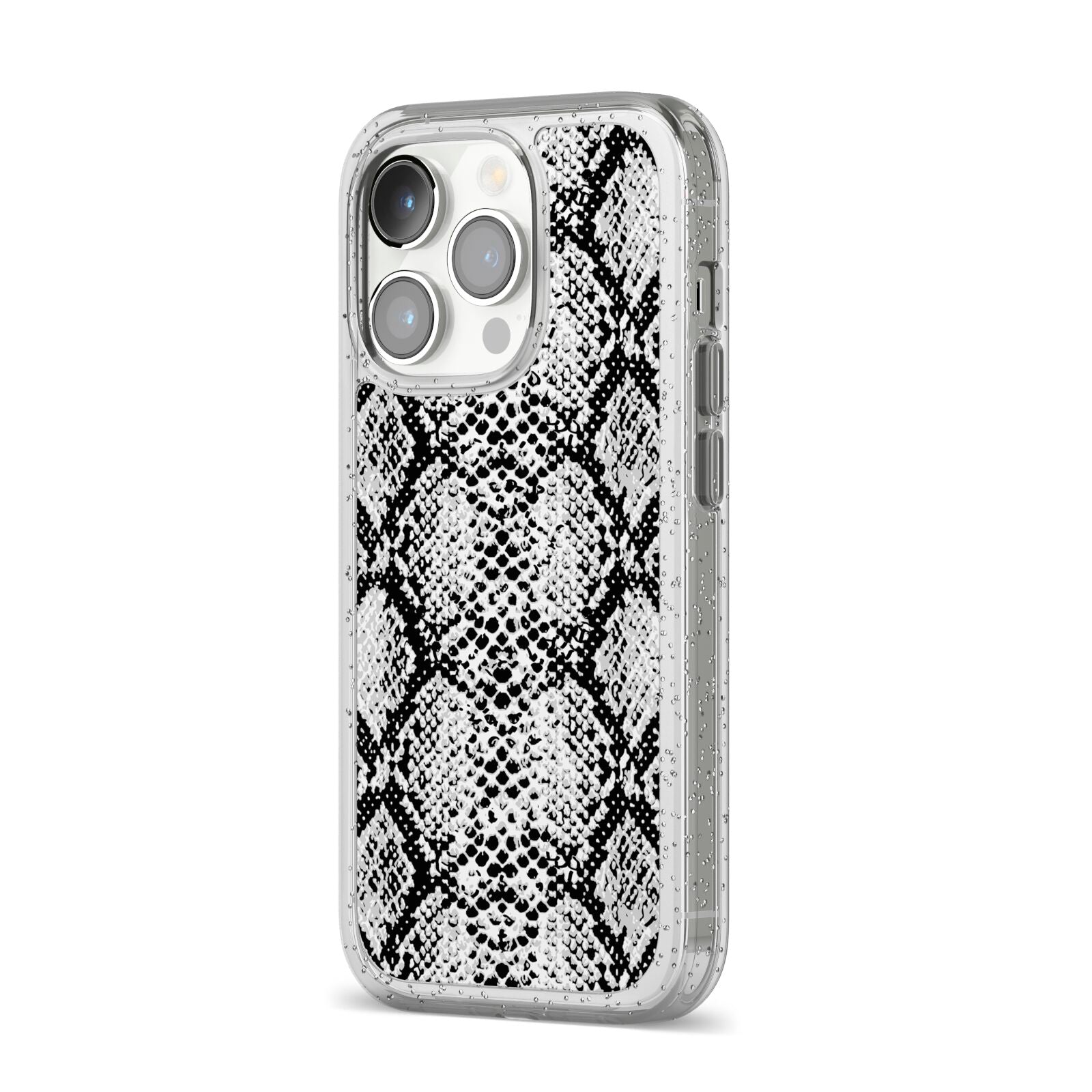 Black Snakeskin iPhone 14 Pro Glitter Tough Case Silver Angled Image