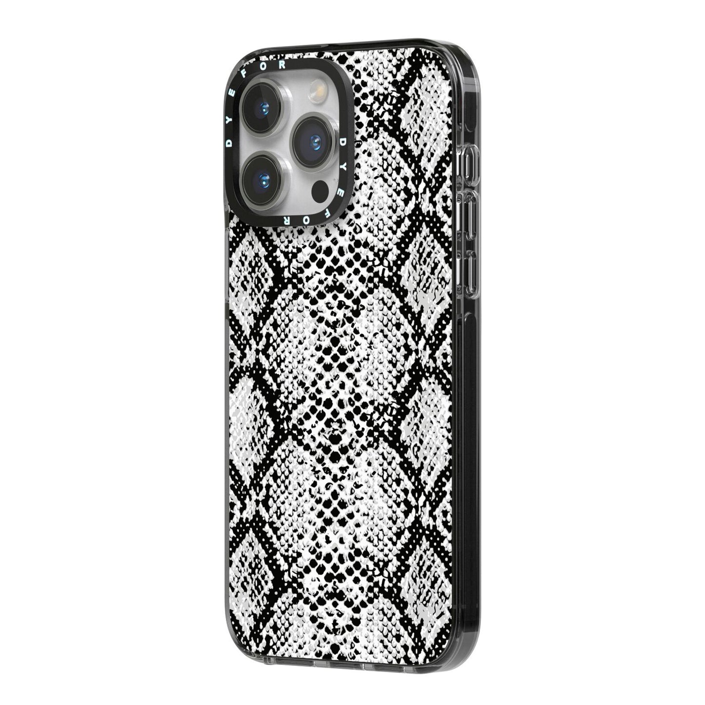 Black Snakeskin iPhone 14 Pro Max Black Impact Case Side Angle on Silver phone