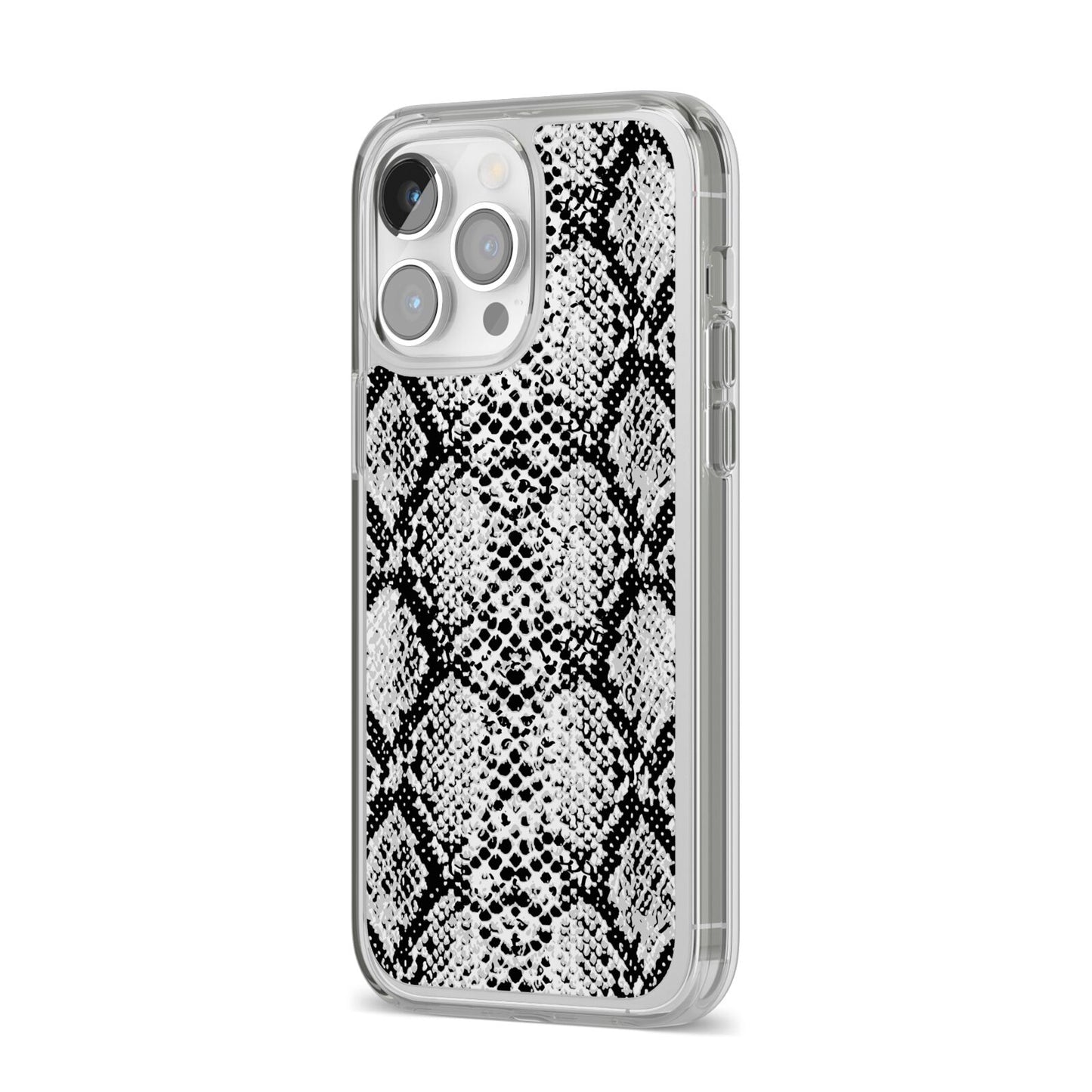 Black Snakeskin iPhone 14 Pro Max Clear Tough Case Silver Angled Image