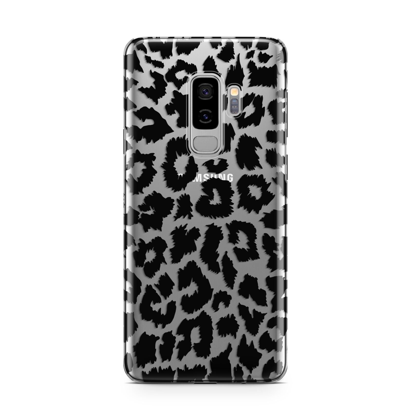 Black White Leopard Print Samsung Galaxy S9 Plus Case on Silver phone