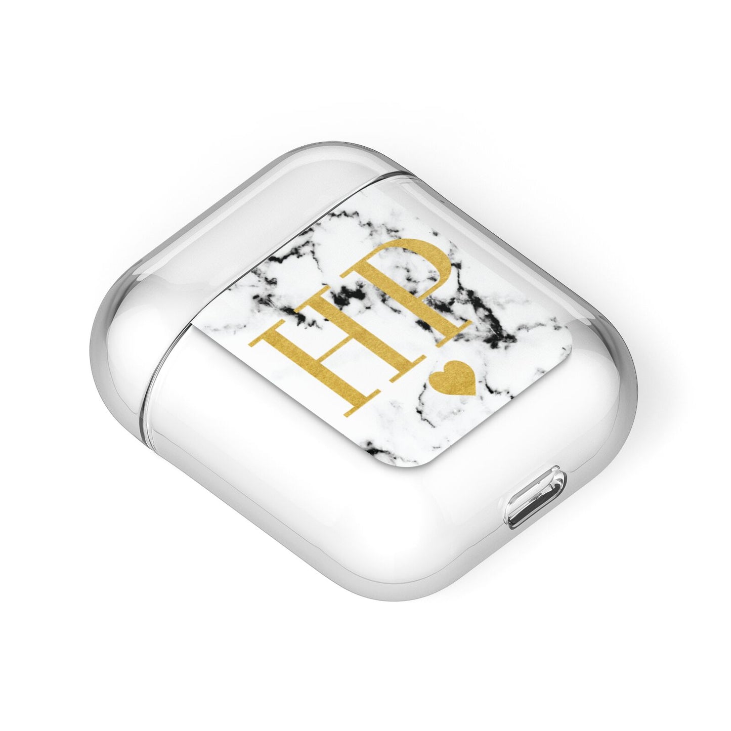 Black White Marble Gold Monogram AirPods Case Laid Flat