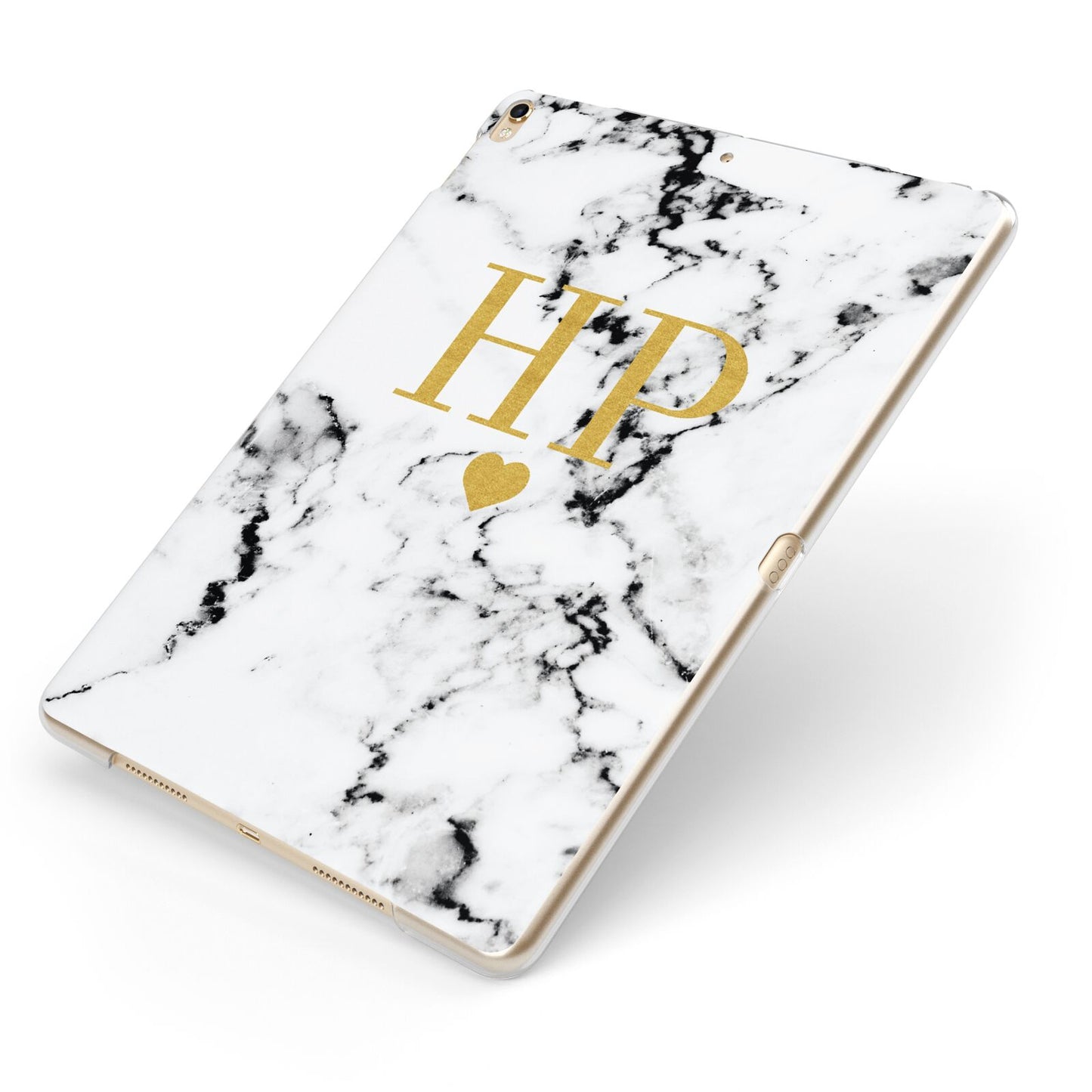 Black White Marble Gold Monogram Apple iPad Case on Gold iPad Side View