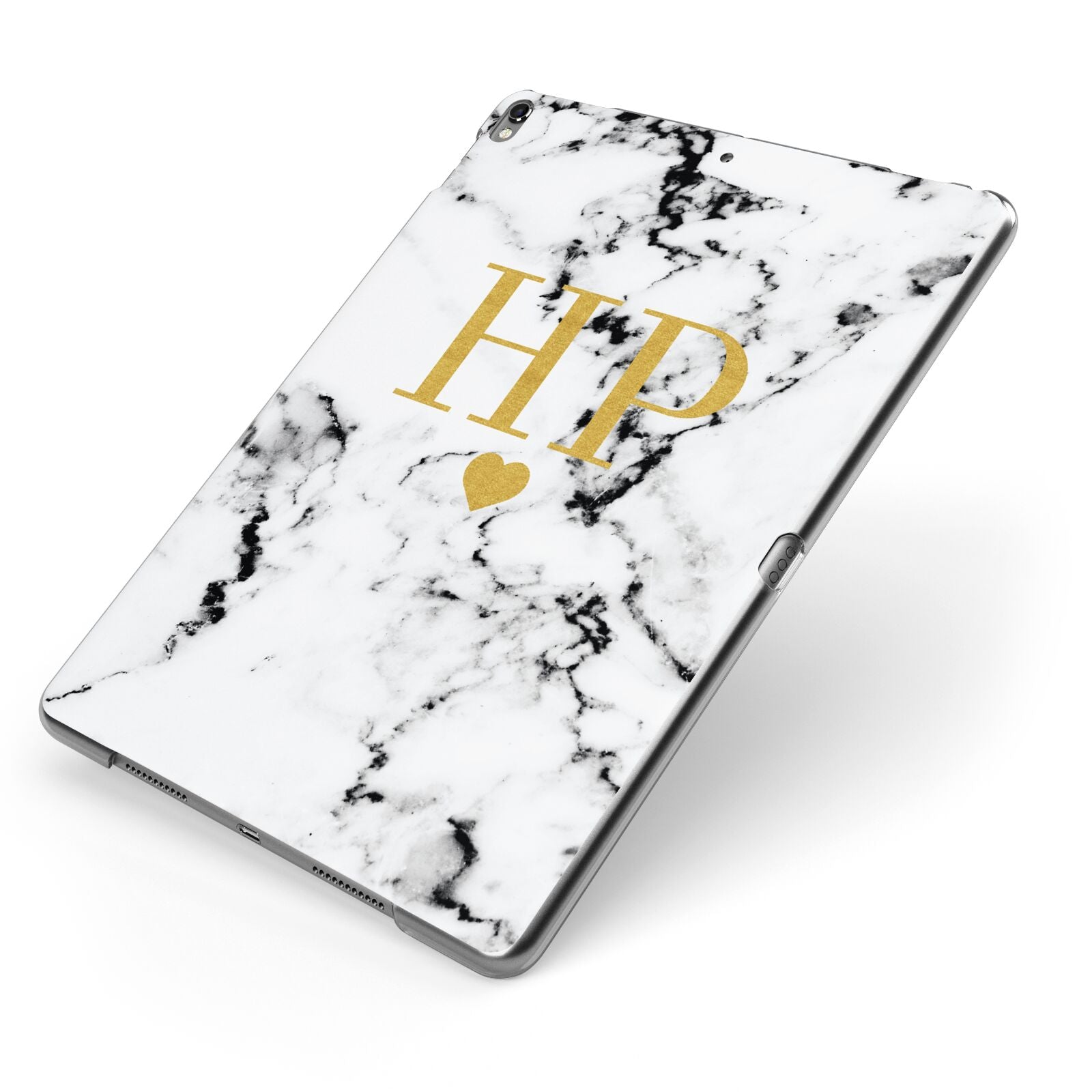 Black White Marble Gold Monogram Apple iPad Case on Grey iPad Side View