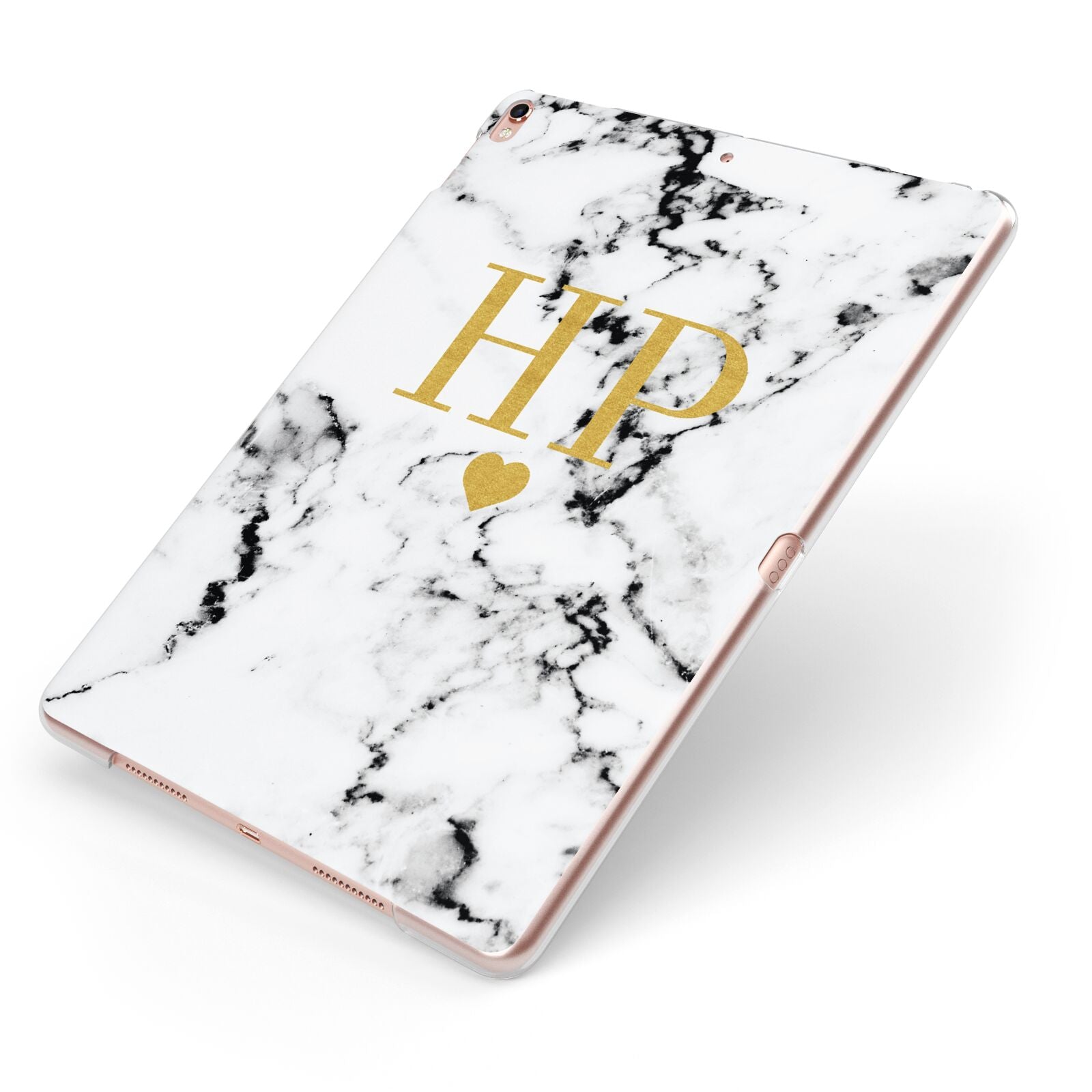 Black White Marble Gold Monogram Apple iPad Case on Rose Gold iPad Side View