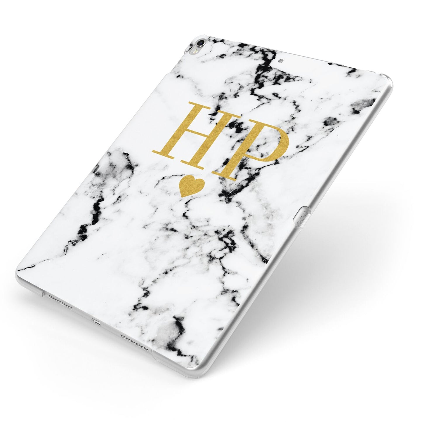 Black White Marble Gold Monogram Apple iPad Case on Silver iPad Side View