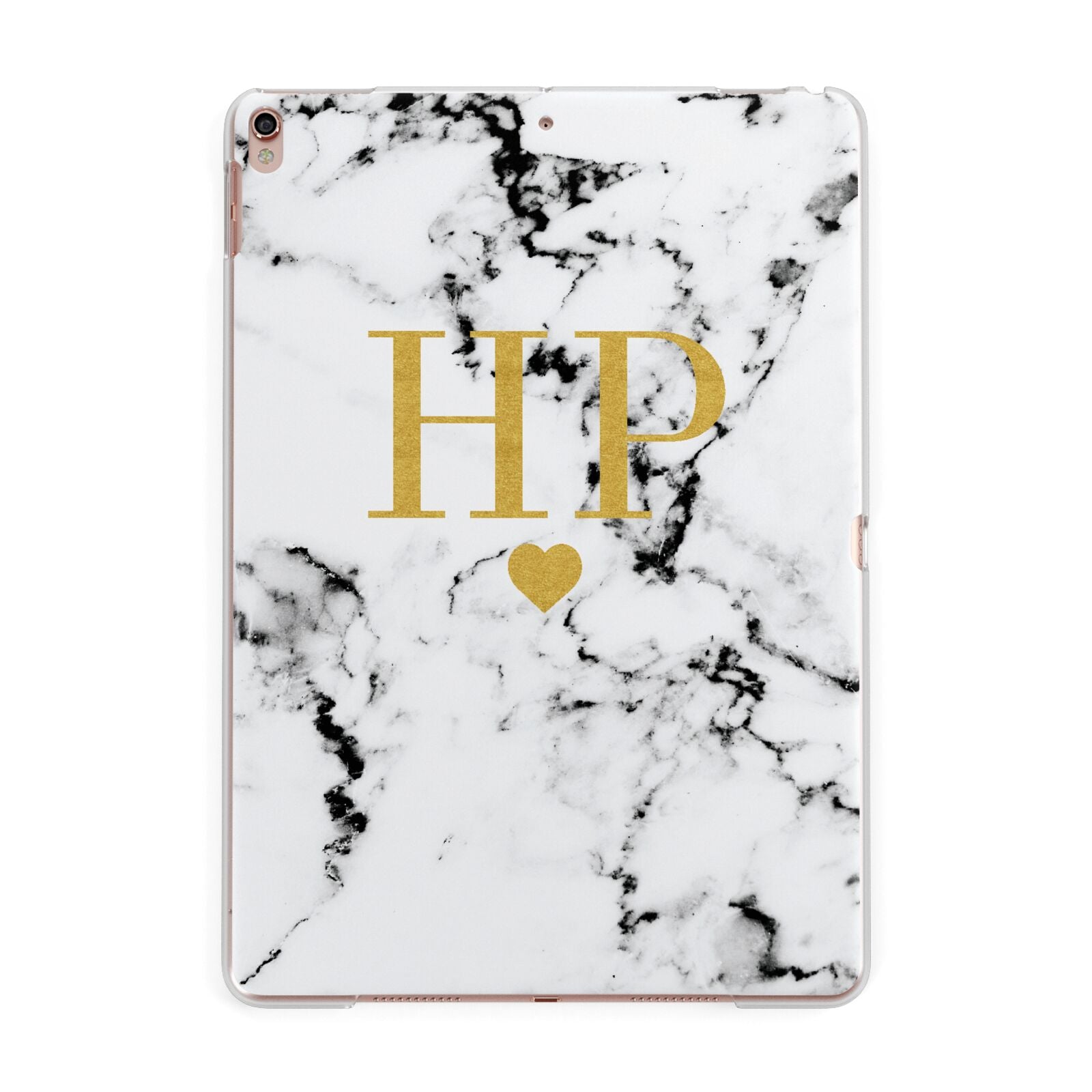 Black White Marble Gold Monogram Apple iPad Rose Gold Case