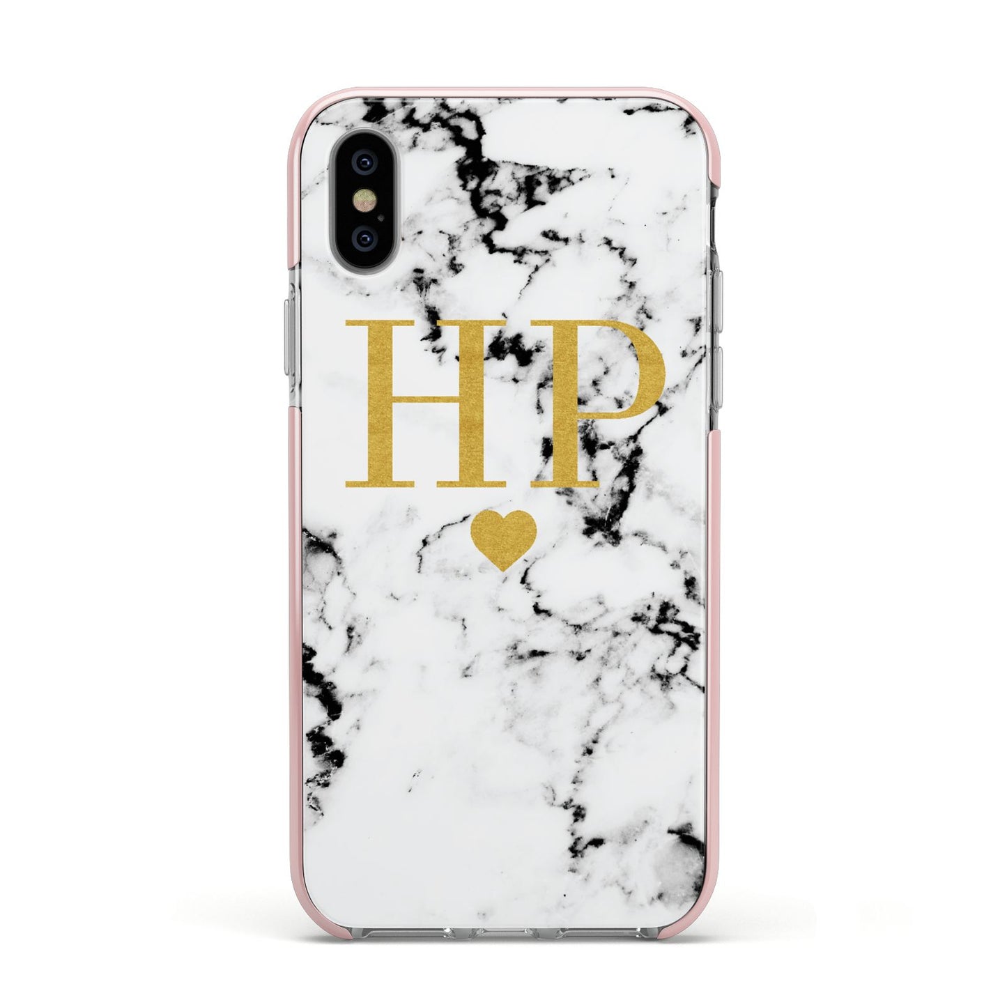 Black White Marble Gold Monogram Apple iPhone Xs Impact Case Pink Edge on Silver Phone