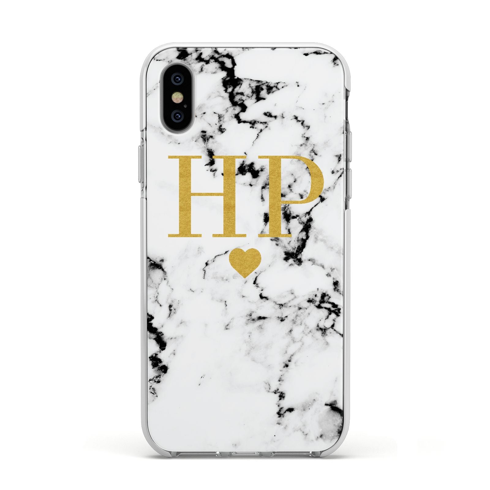 Black White Marble Gold Monogram Apple iPhone Xs Impact Case White Edge on Silver Phone