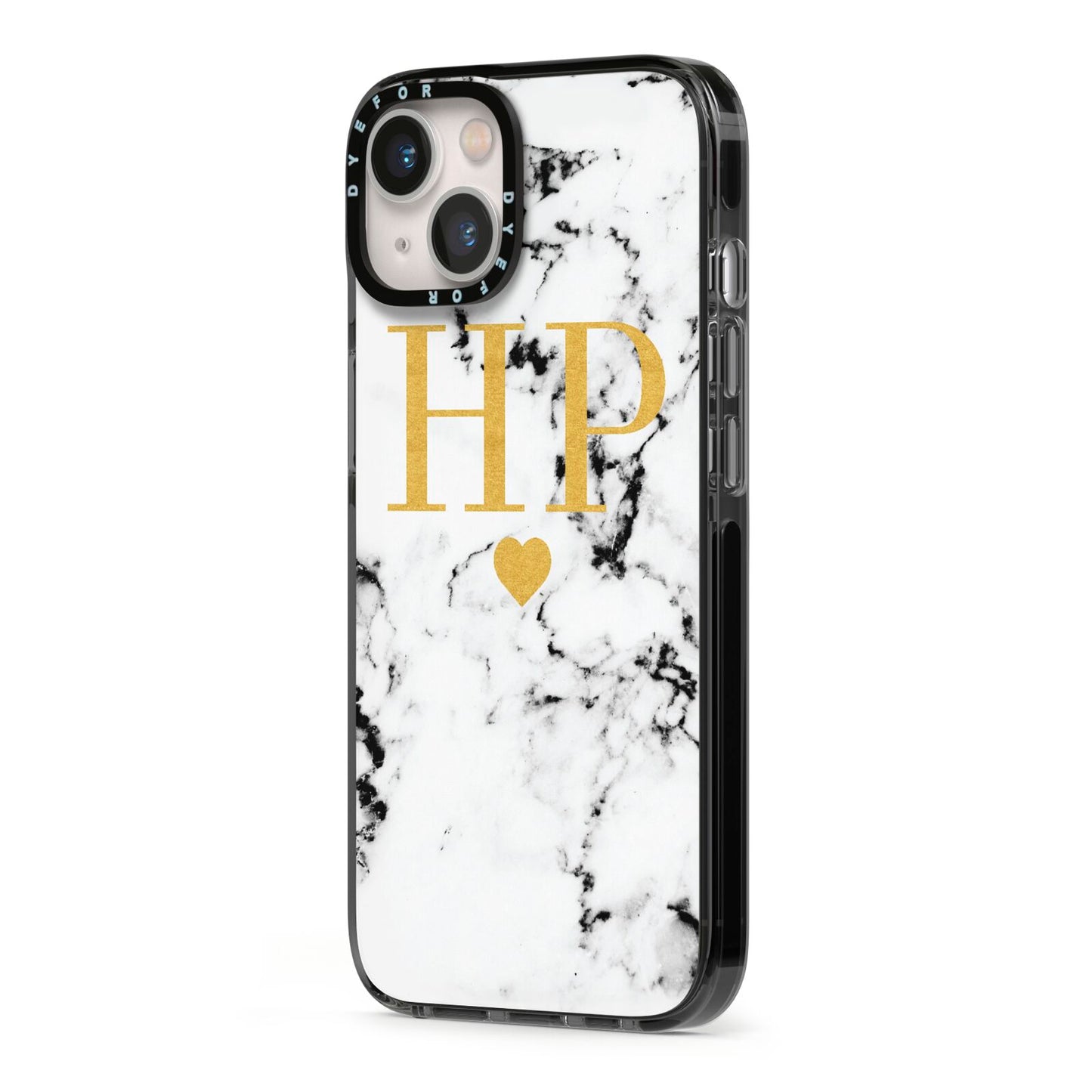 Black White Marble Gold Monogram iPhone 13 Black Impact Case Side Angle on Silver phone