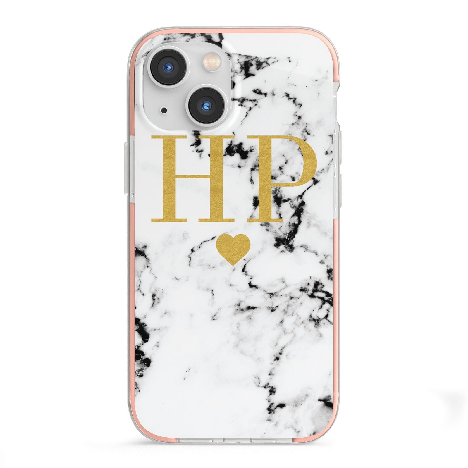 Black White Marble Gold Monogram iPhone 13 Mini TPU Impact Case with Pink Edges