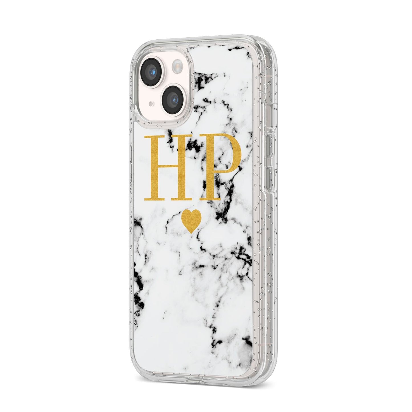 Black White Marble Gold Monogram iPhone 14 Glitter Tough Case Starlight Angled Image