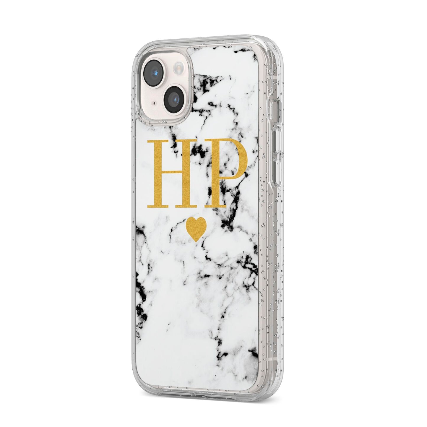 Black White Marble Gold Monogram iPhone 14 Plus Glitter Tough Case Starlight Angled Image