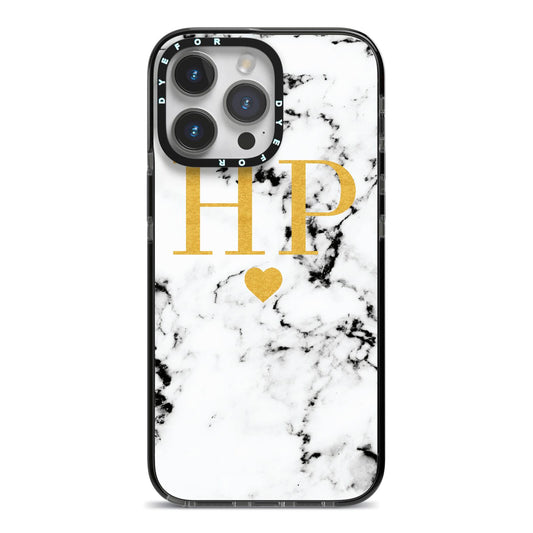 Black White Marble Gold Monogram iPhone 14 Pro Max Black Impact Case on Silver phone