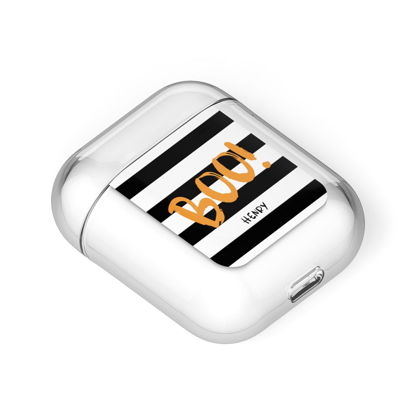 Black White Striped Boo AirPods Case Laid Flat